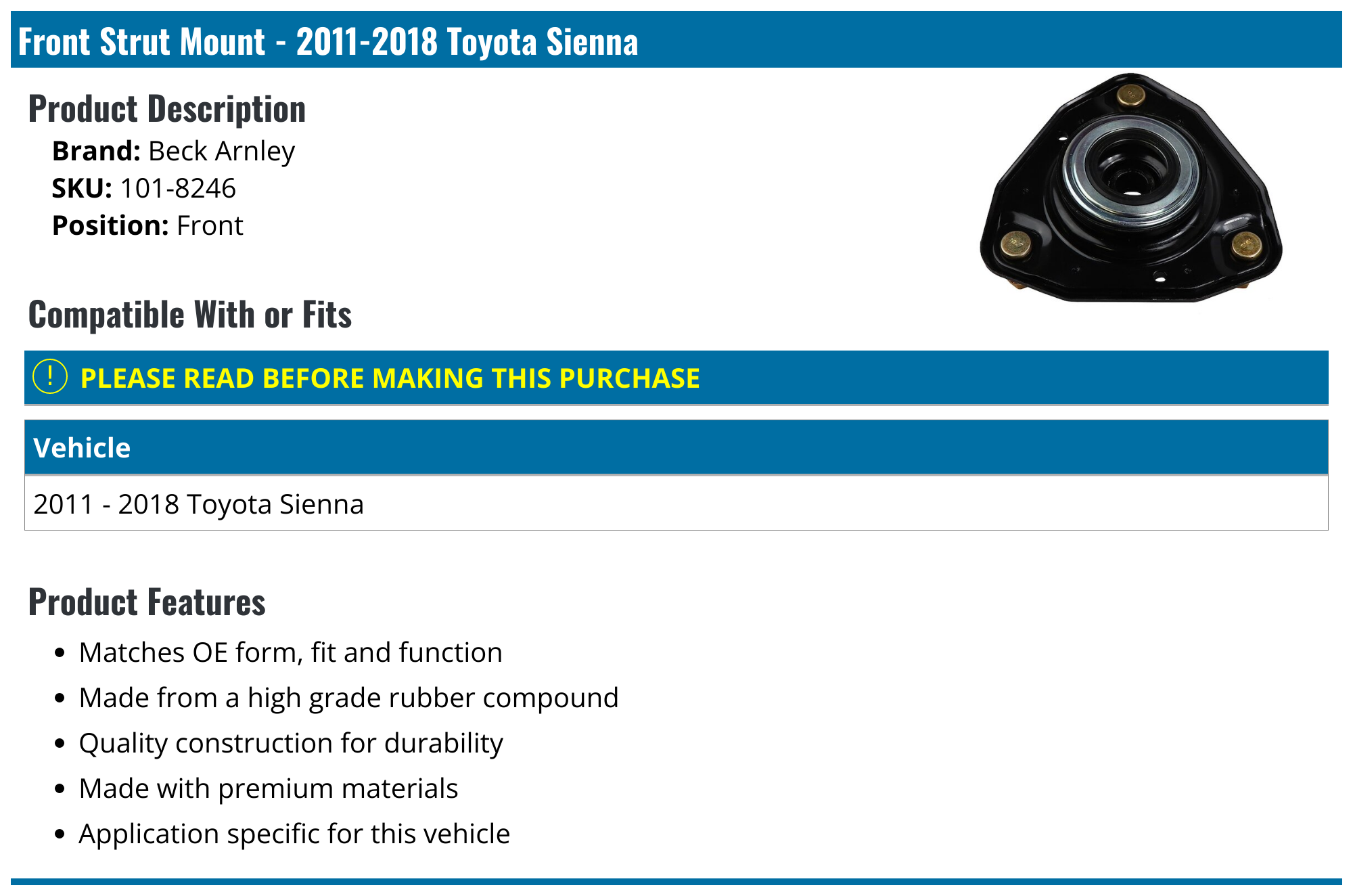 20112020 Toyota Sienna Strut Mount Beck Arnley 1018246 Front
