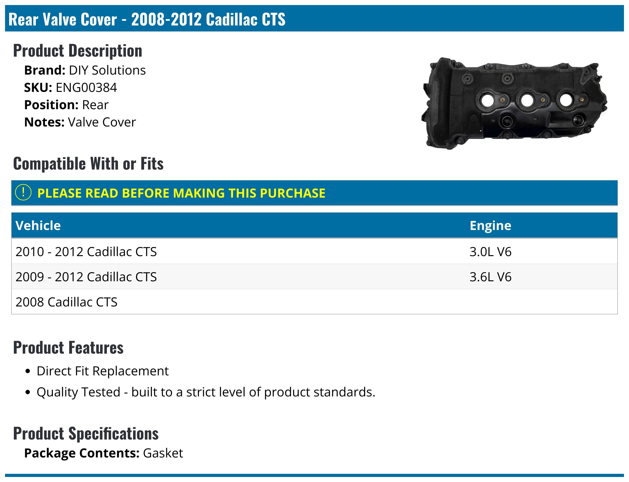 20082012 Cadillac CTS Valve Cover DIY Solutions ENG00384 Rear