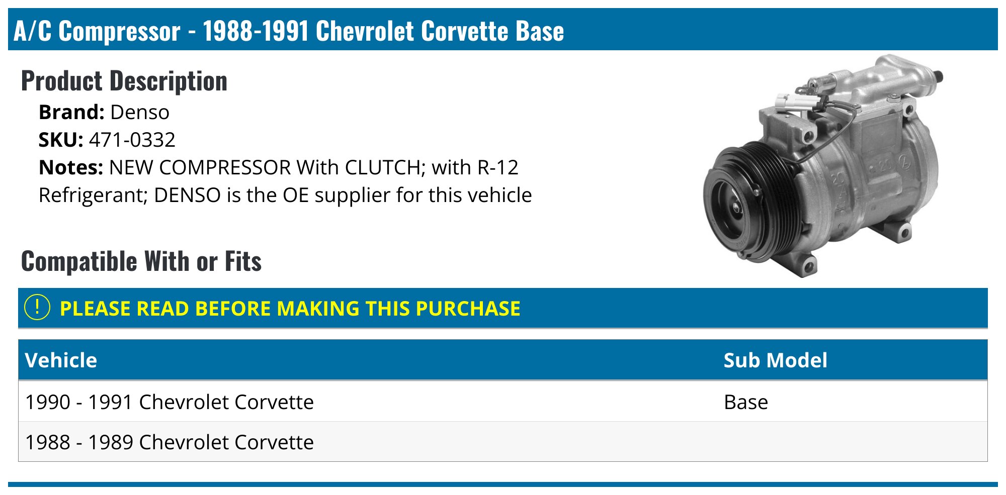 1988-1991 Chevrolet Corvette A/C Compressor - Denso 471-0332 ...