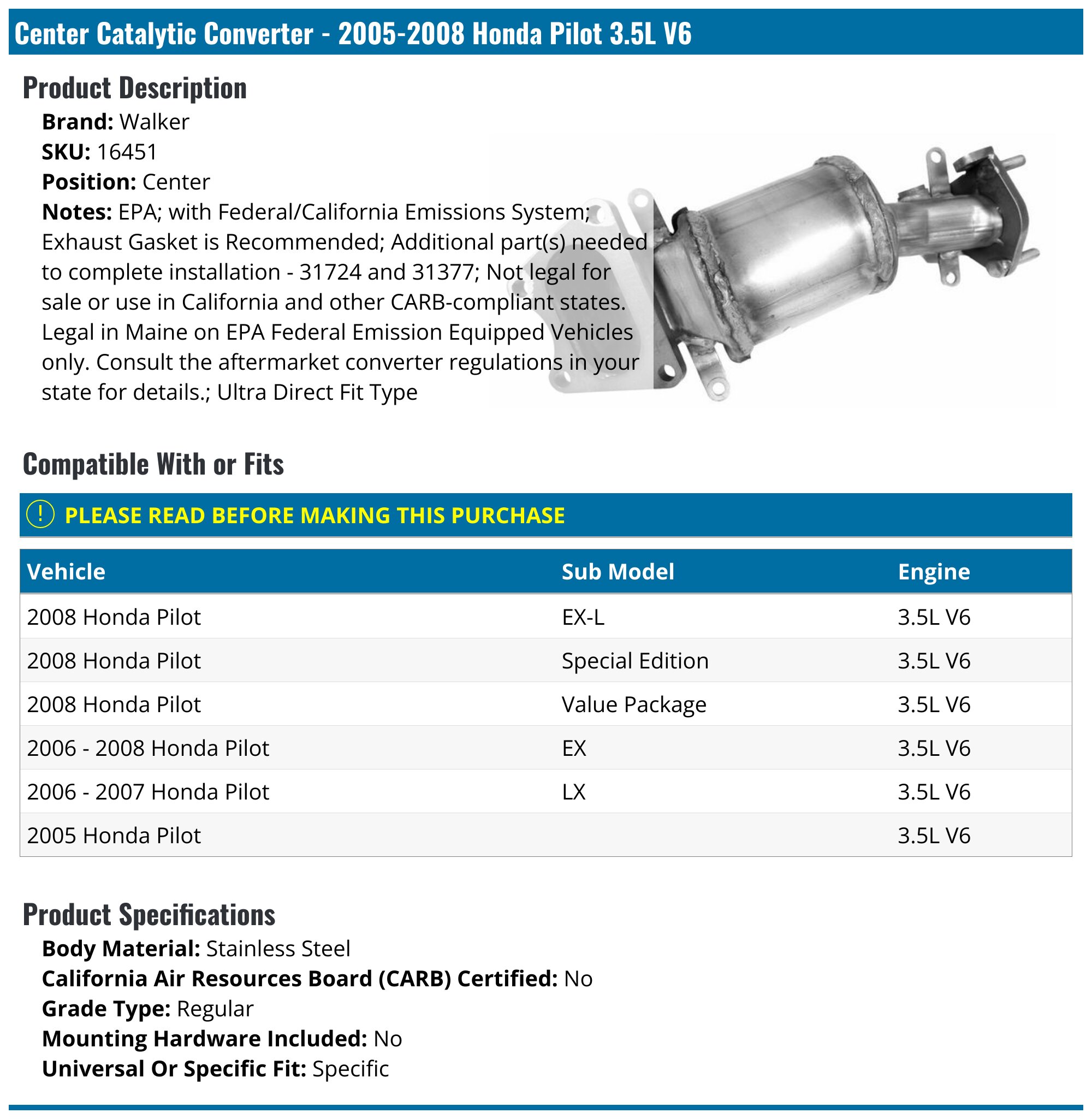 20052008 Honda Pilot Catalytic Converter Walker 16451 Center