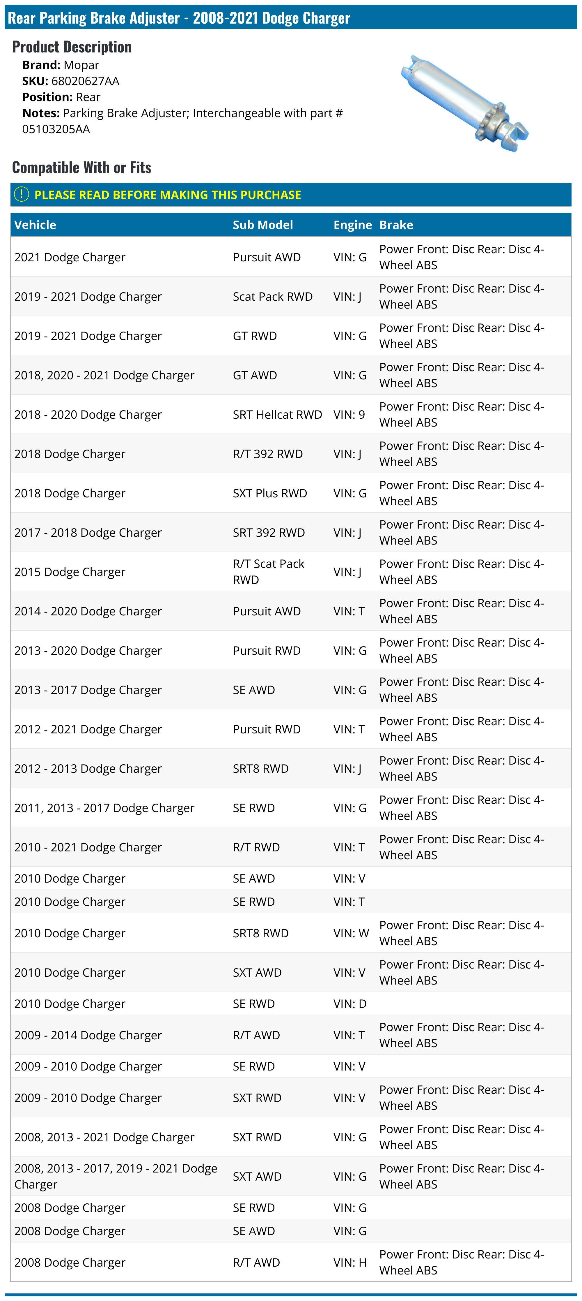 20082021 Dodge Charger Parking Brake Adjuster Mopar 68020627AA