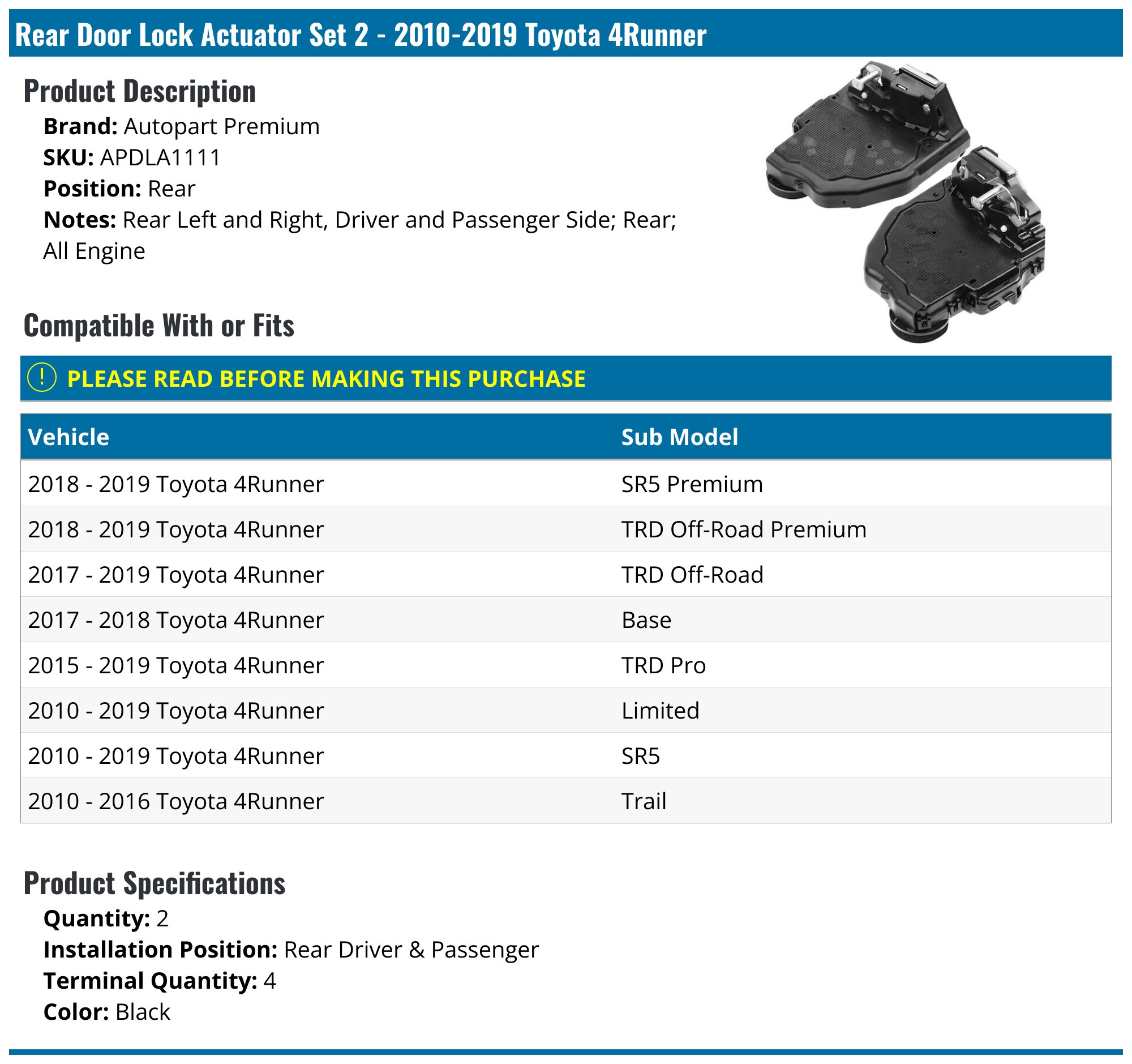 2010-2019 Toyota 4Runner Door Lock Actuator - Autopart Premium ...