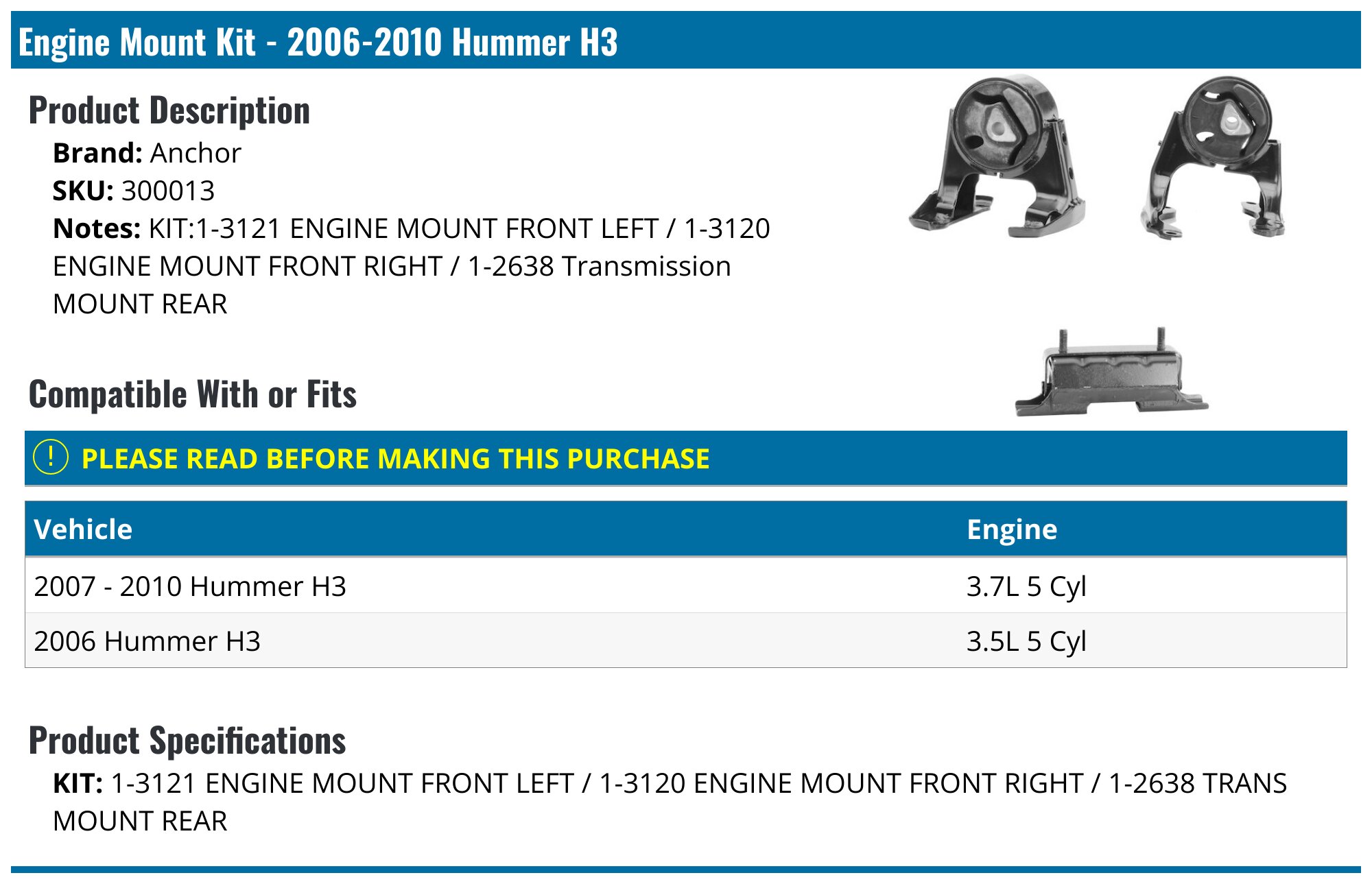 Protier Front Left & Right Motor Mounts Kit For Hummer H3 2006-2010 3.5L/3.7L – OEM Steel