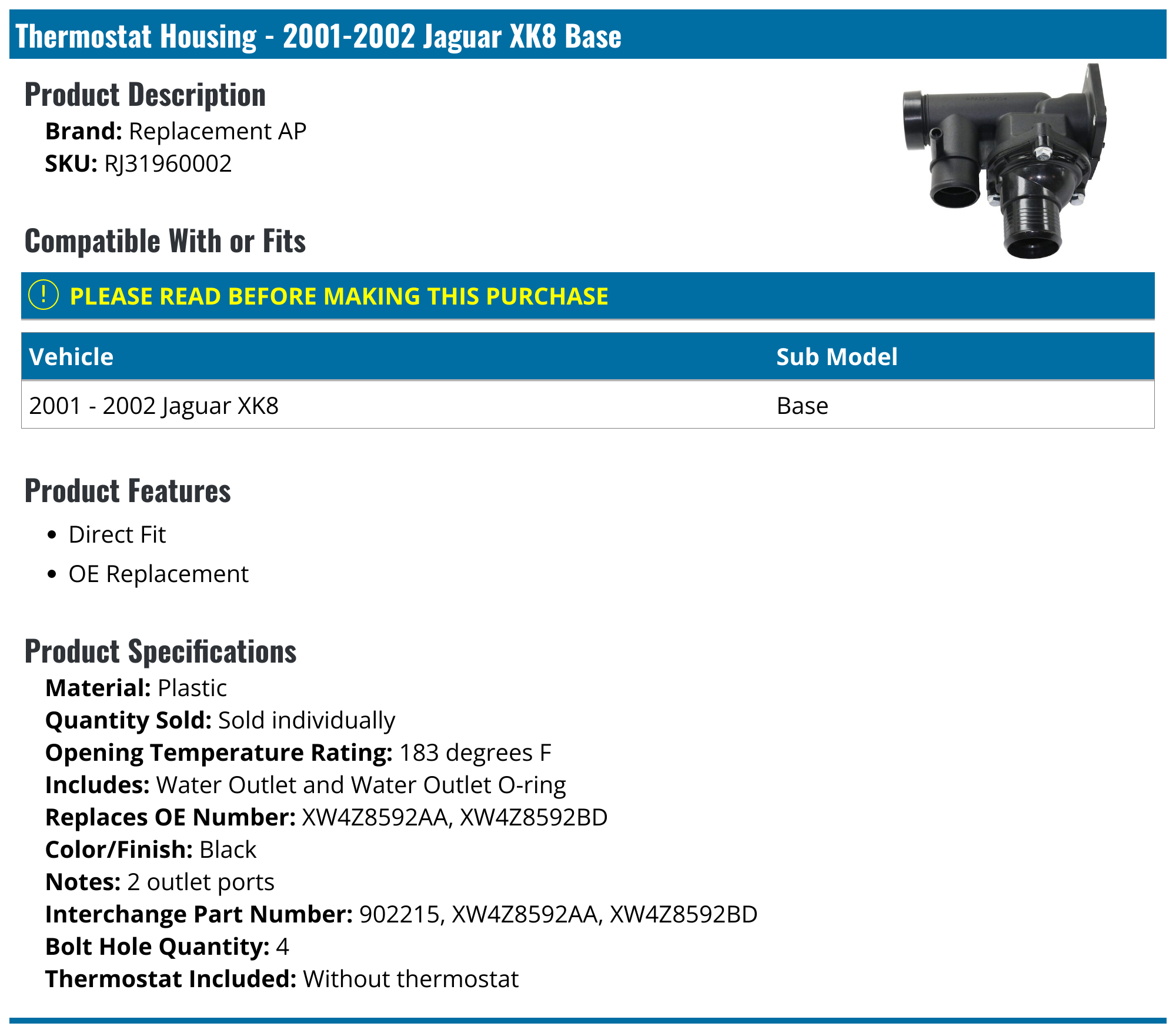 20012002 Jaguar XK8 Thermostat Housing Replacement AP RJ31960002