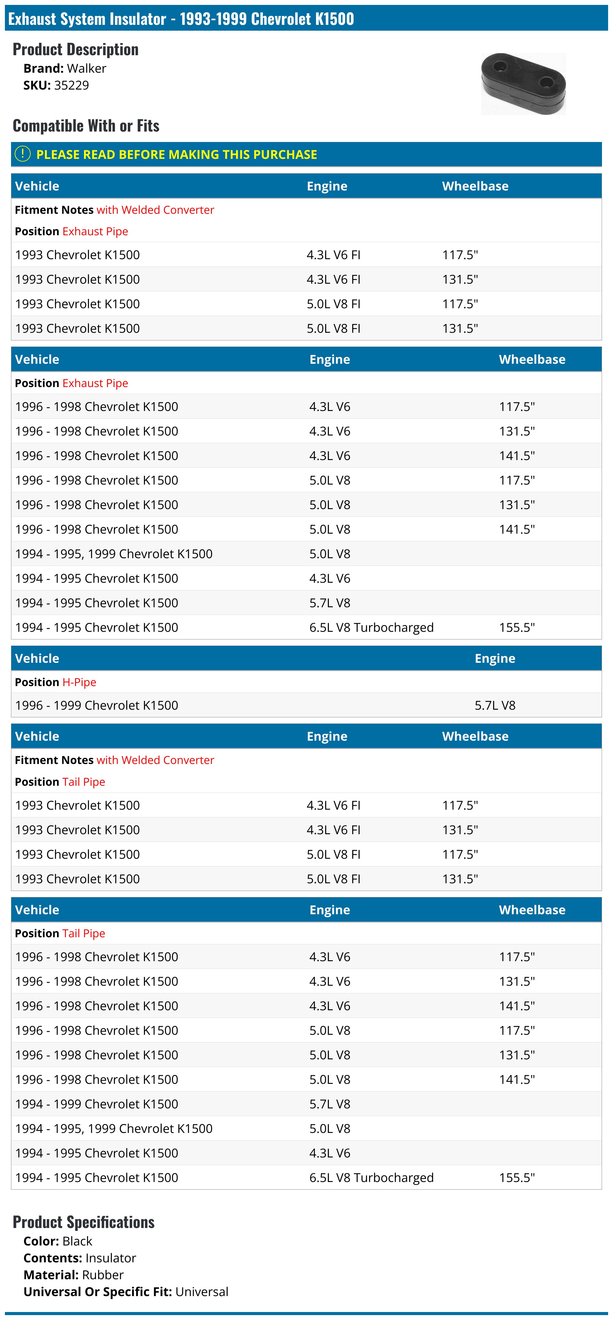 19931999 Chevrolet K1500 Exhaust System Insulator Walker 35229