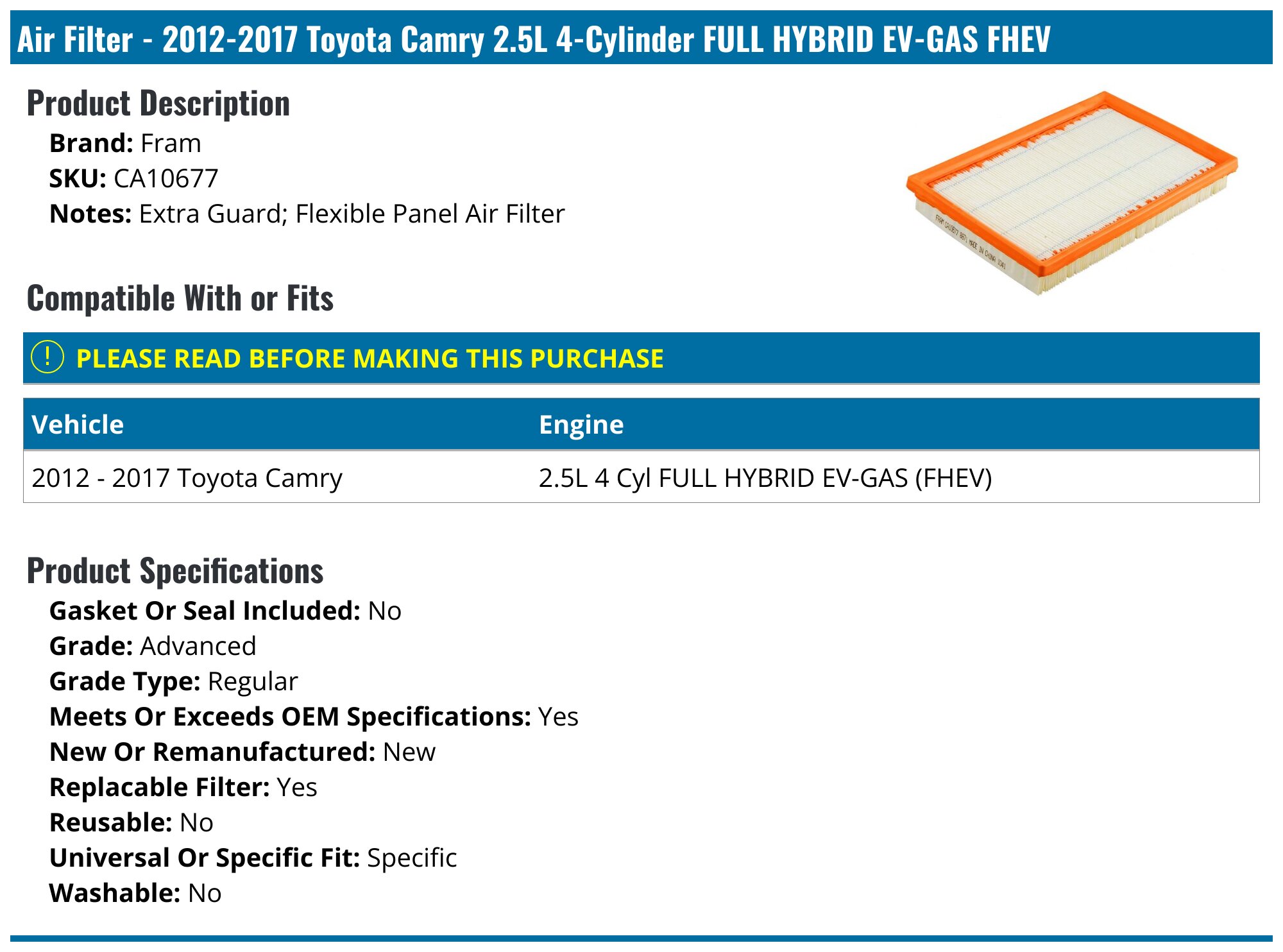 2012-2017 Toyota Camry Air Filter - Fram CA10677 - PartsGeek.com