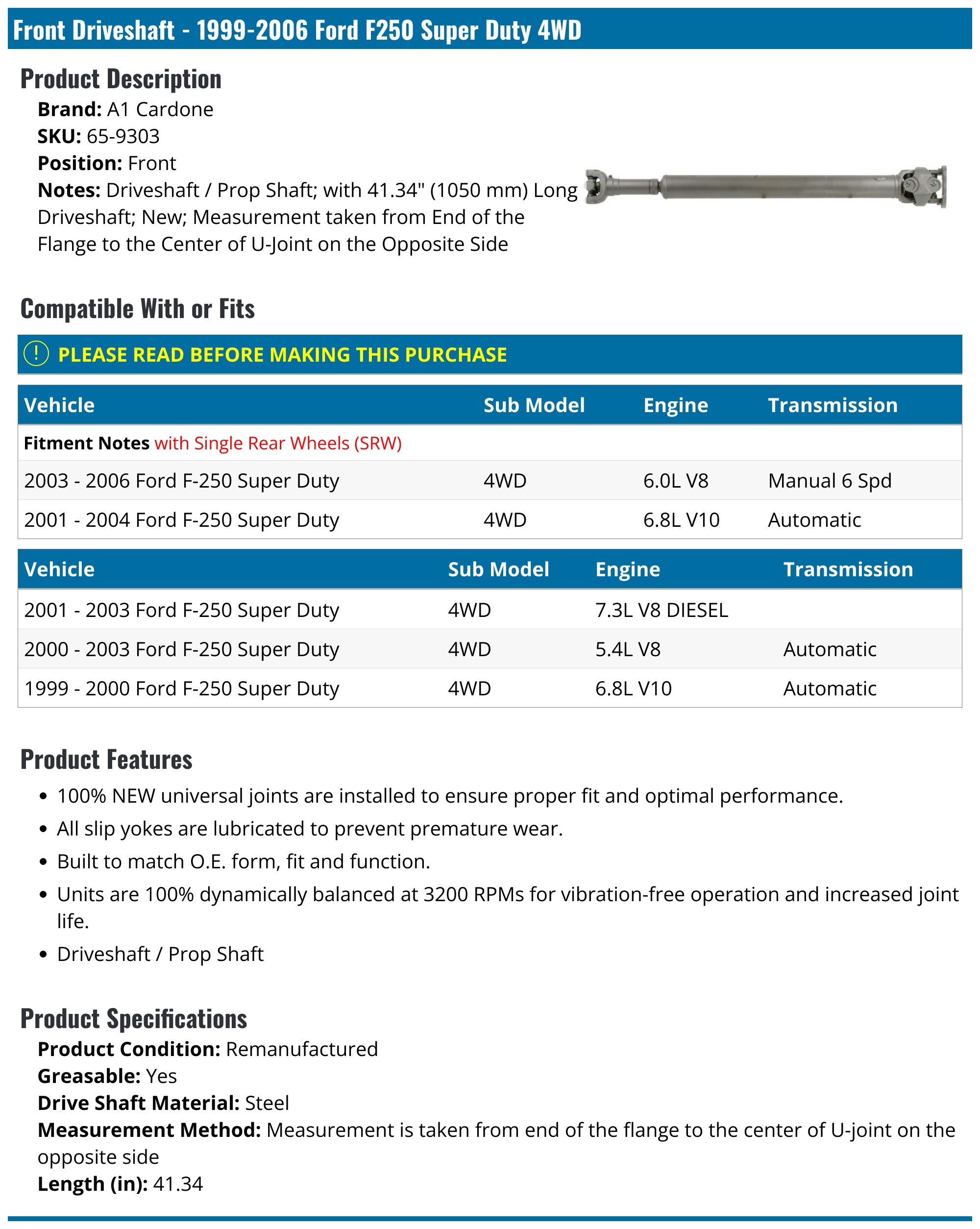 36 Inch Front Prop Drive Shaft For 1999-2010 Ford F-250 Super Duty 5.4L 4WD Automatic - Afauto2016