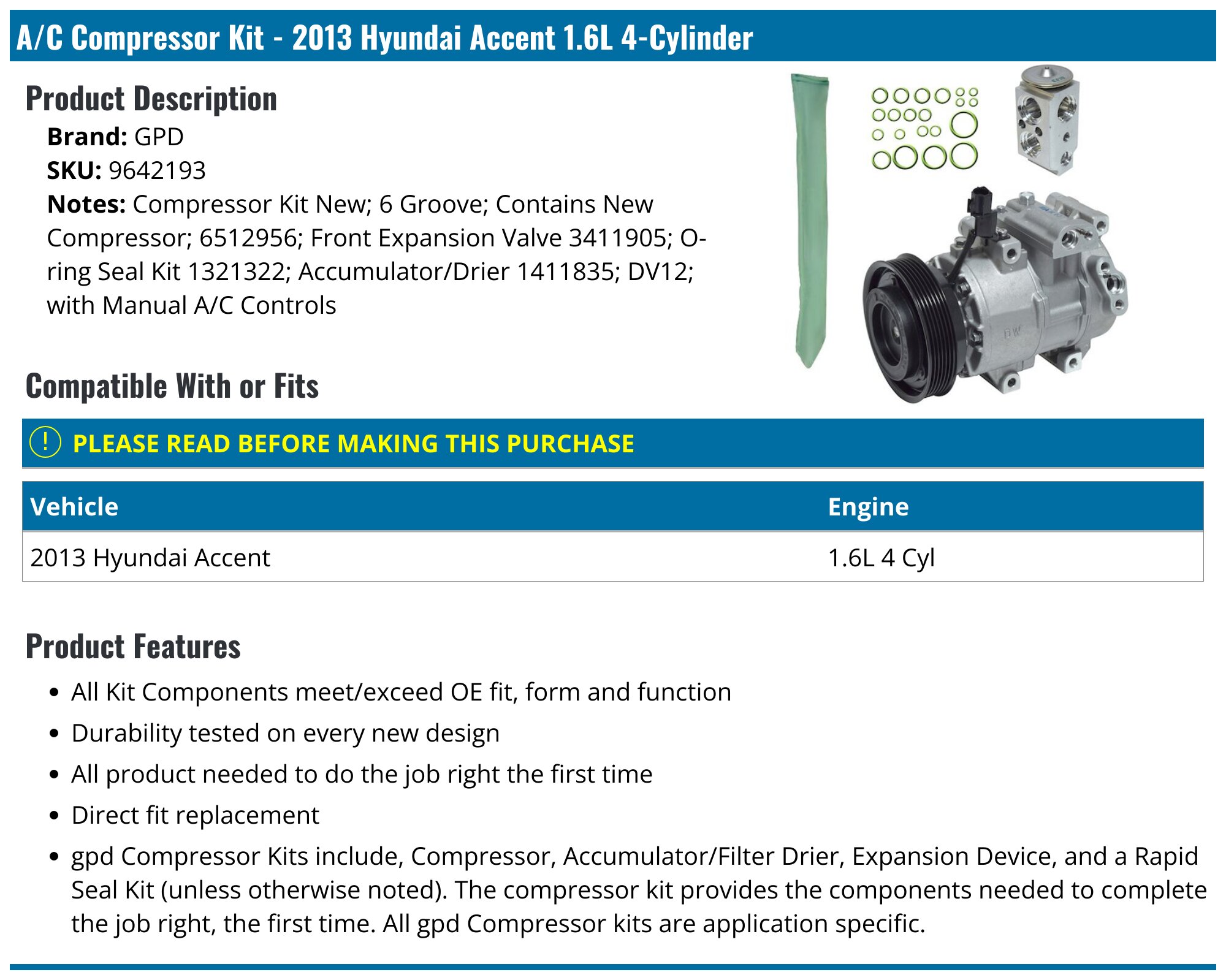 ALeadingr New AC Compressor Kit For Hyundai Accent 1.6L 2012-2016 (Dve12, R134a)