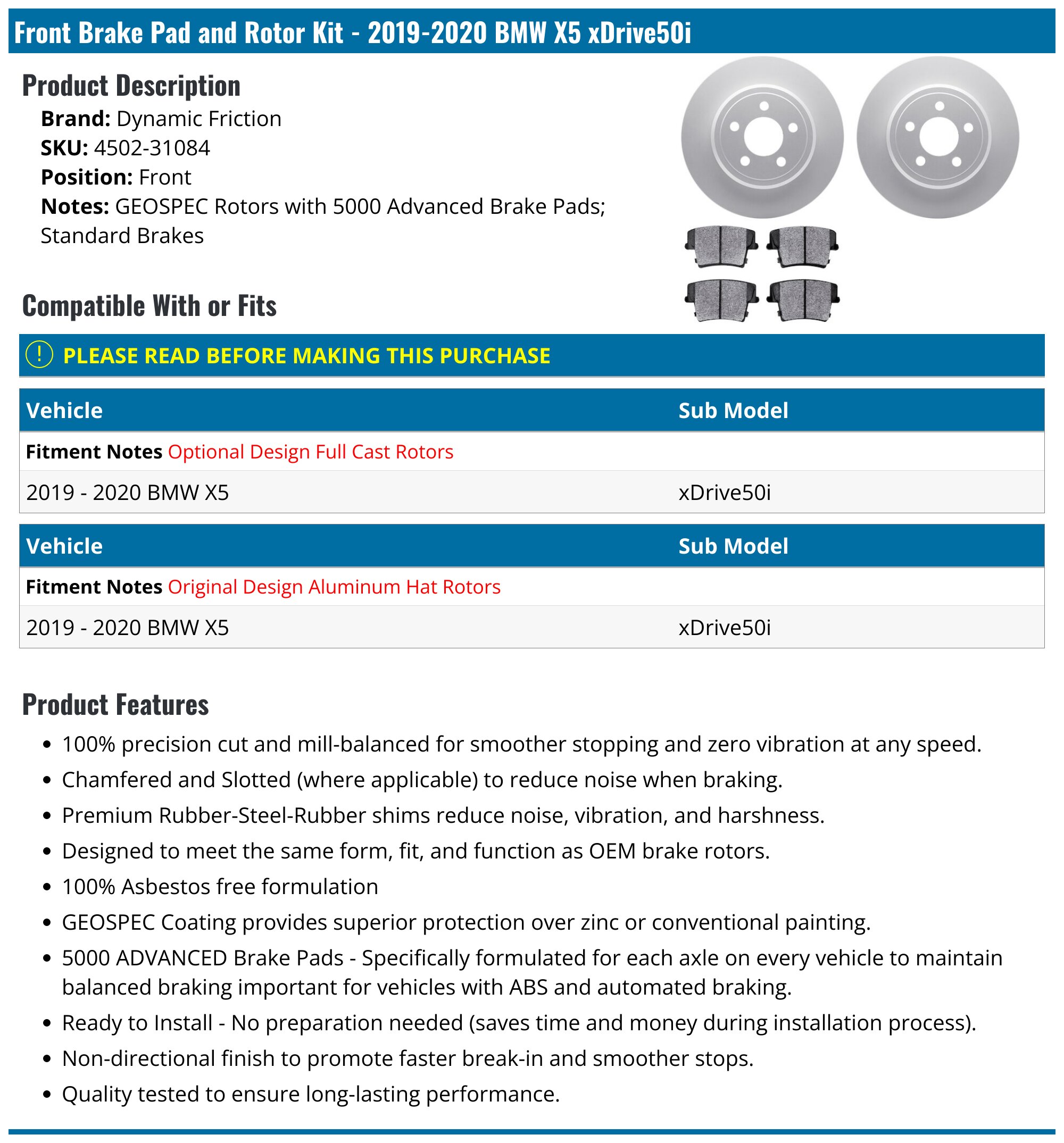 2019-2020 BMW X5 Brake Rotor - Dynamic Friction 4502-31084 - Front ...