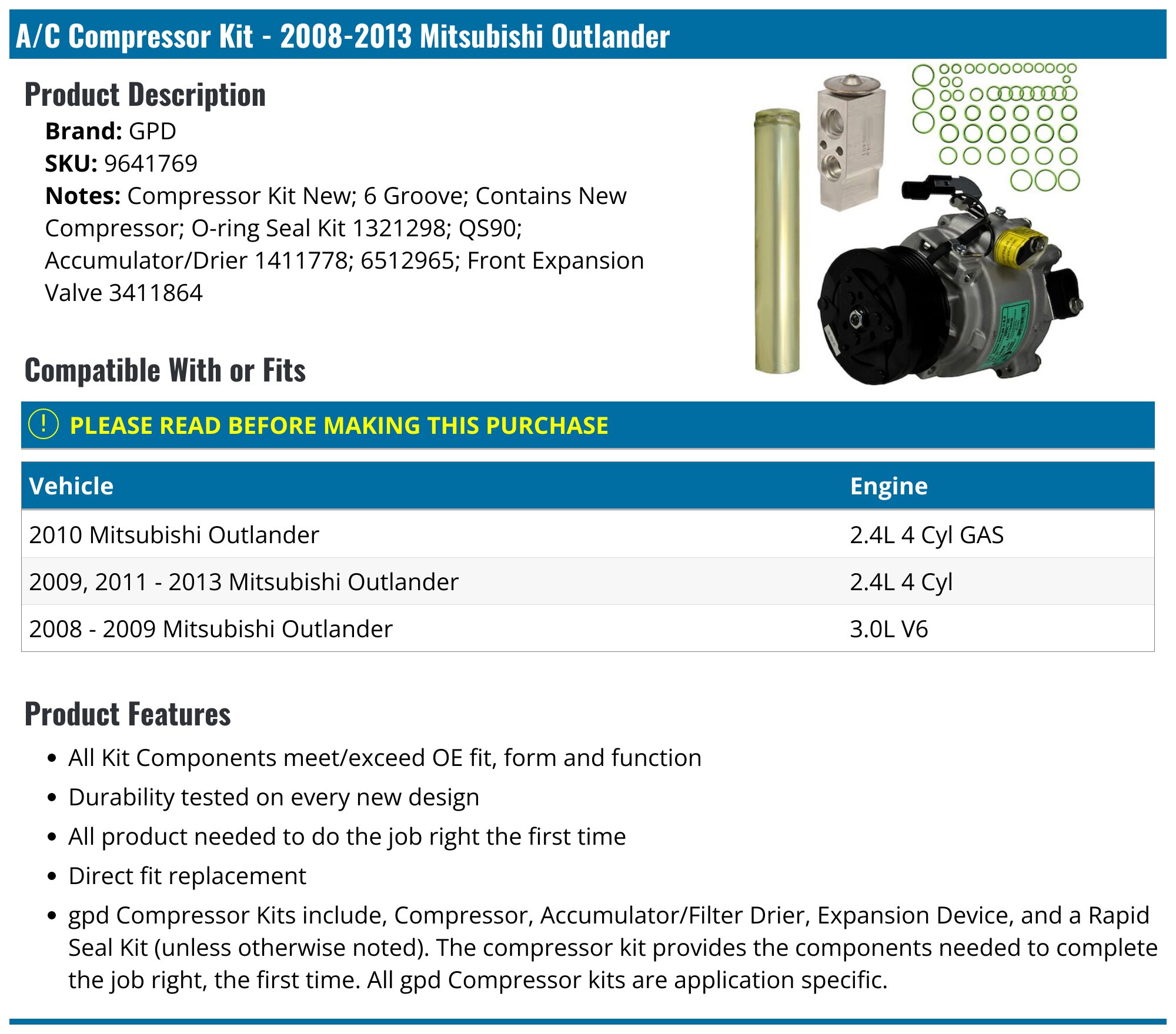 A/C Compressor For Mitsubishi Lancer & Outlander Sport 2.0L 2.4L (2009-2015)