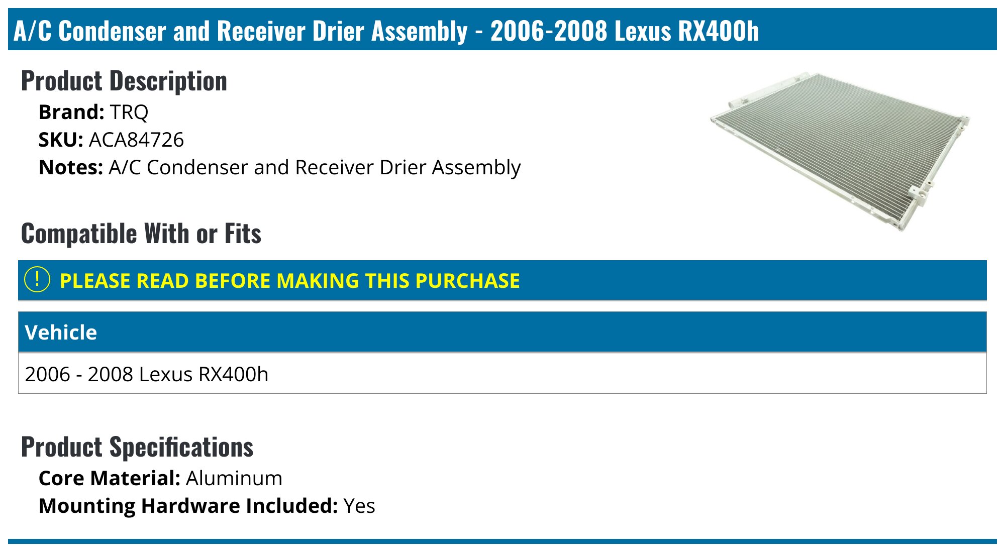 Aluminum AC Condenser For 2006-2015 Lexus IS250 IS350 Base C F Sport #8846053030