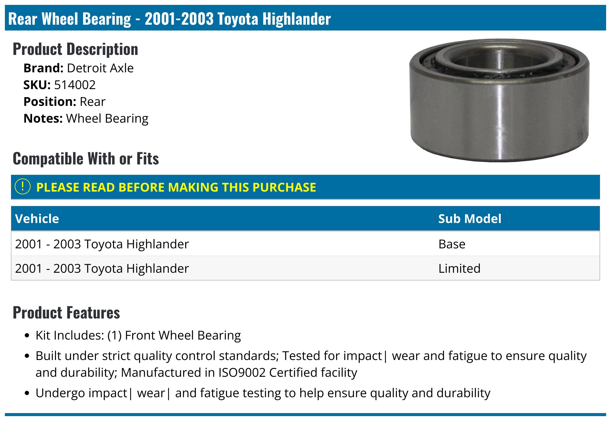 2001-2003 Toyota Highlander Wheel Bearing - Detroit Axle 514002 - Rear ...