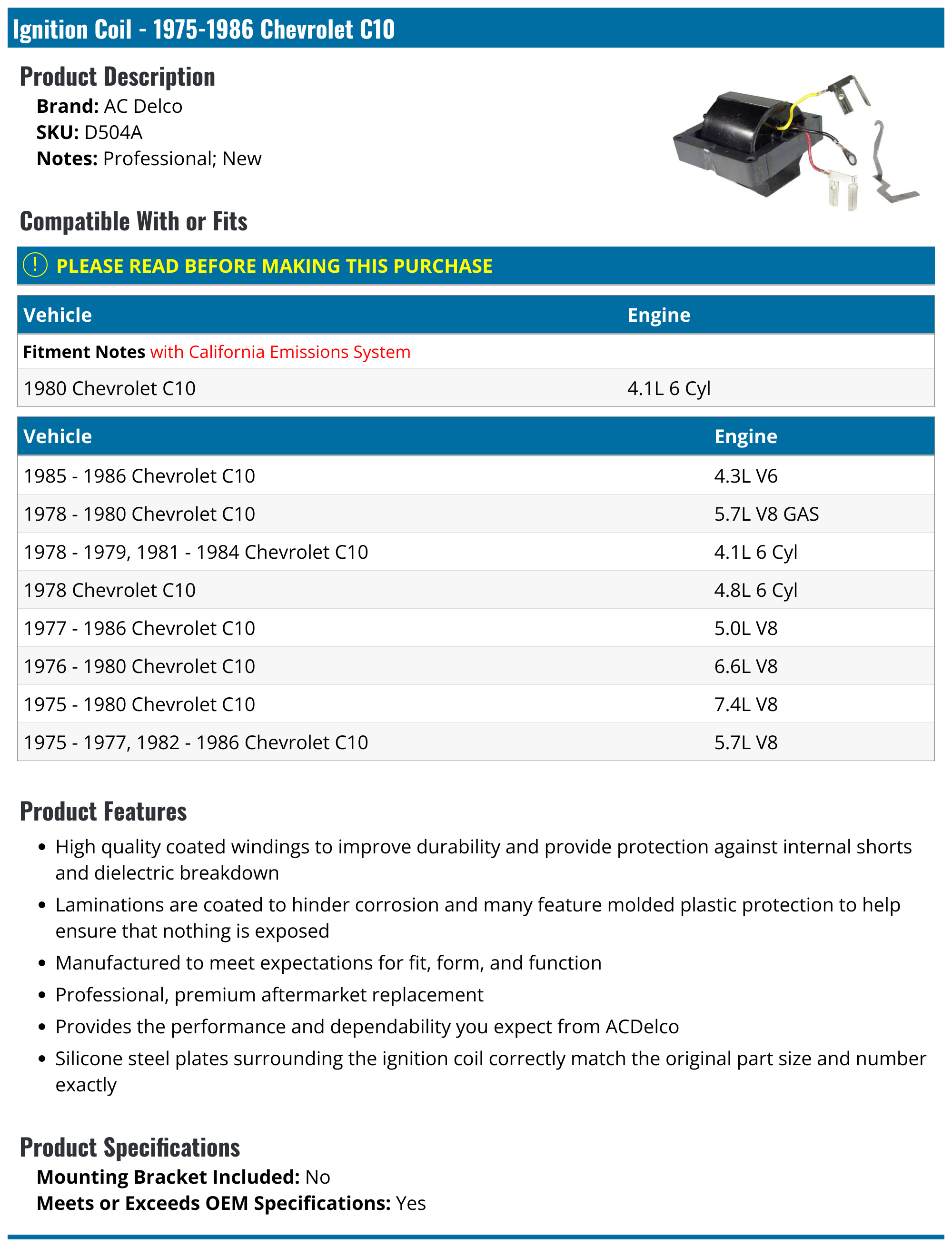 19751986 Chevrolet C10 Ignition Coil AC Delco D504A