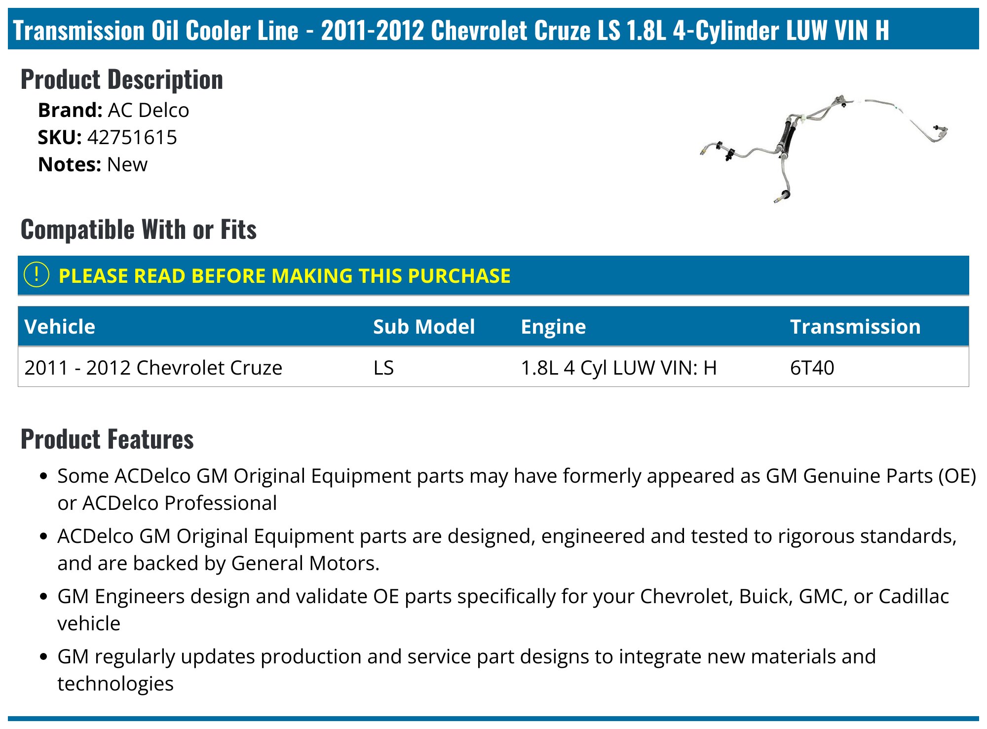 GM Genuine Parts Engine Oil Cooler Pipe – Part #28290053, OE Replacement