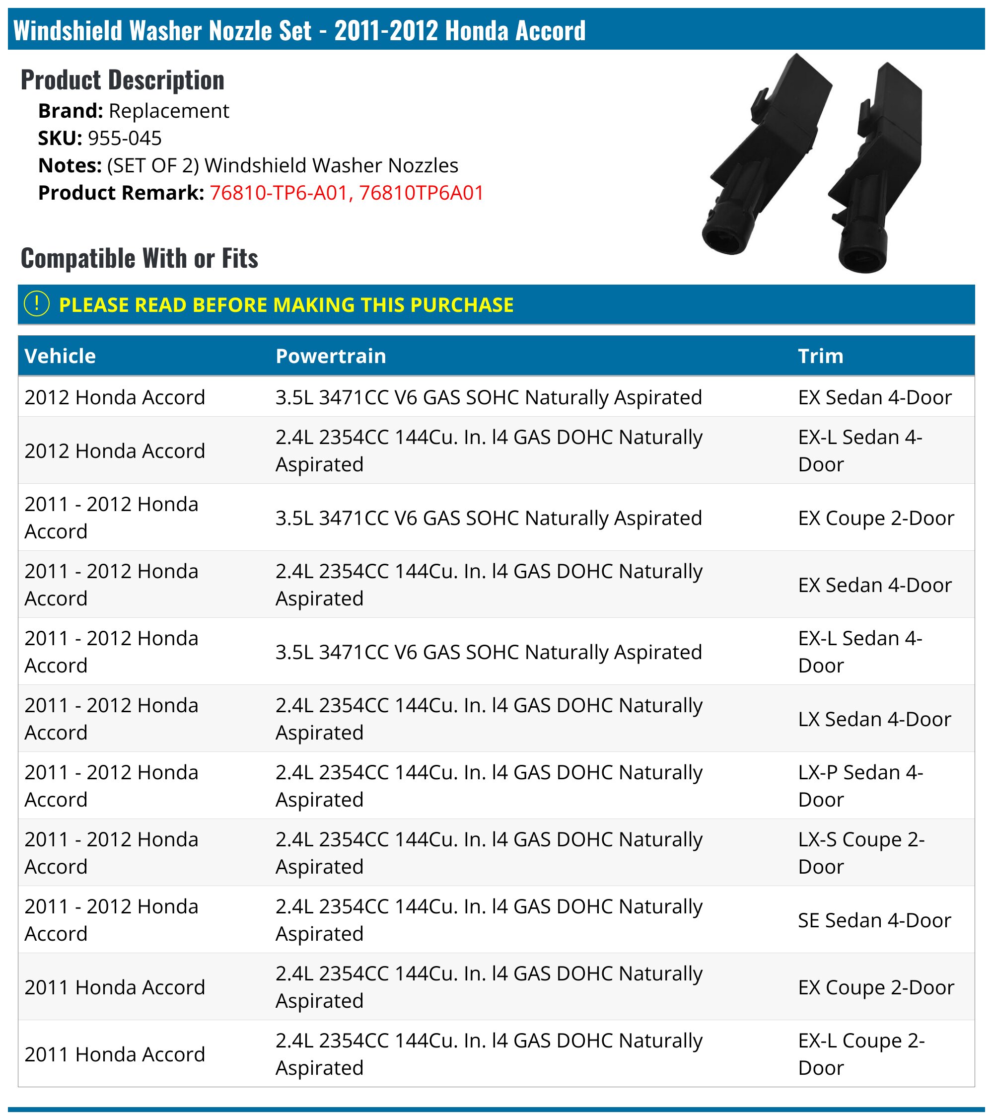 20112012 Honda Accord Windshield Washer Nozzle Replacement 955045