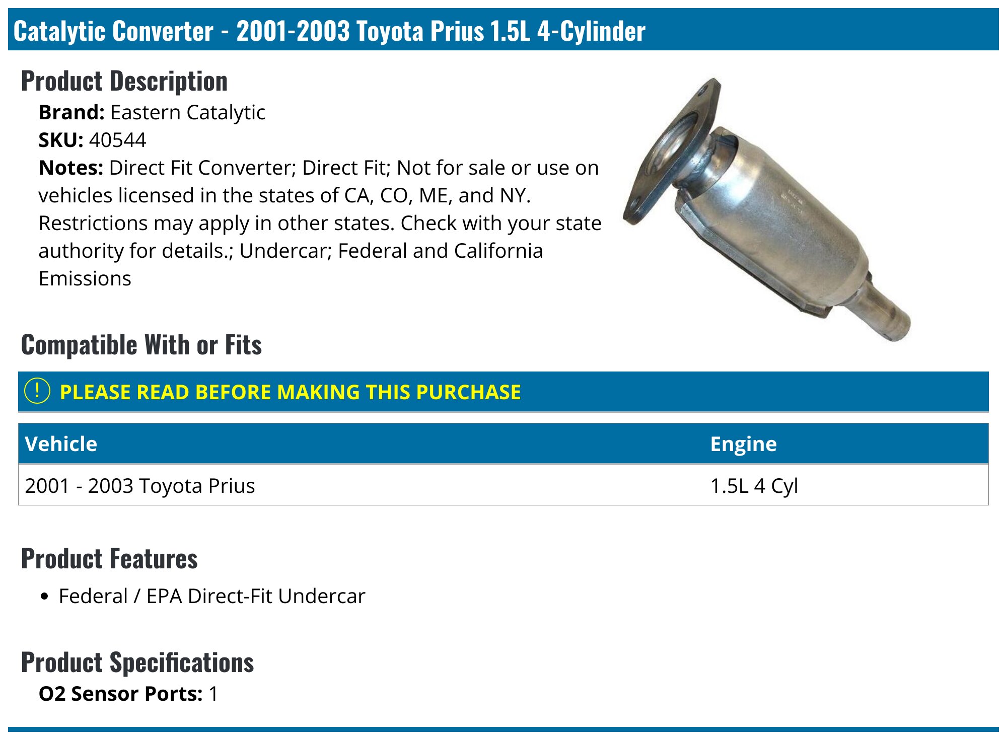 EPA Compliant Catalytic Converter For 2004-2009 Toyota Prius 1.5L – Direct Fit