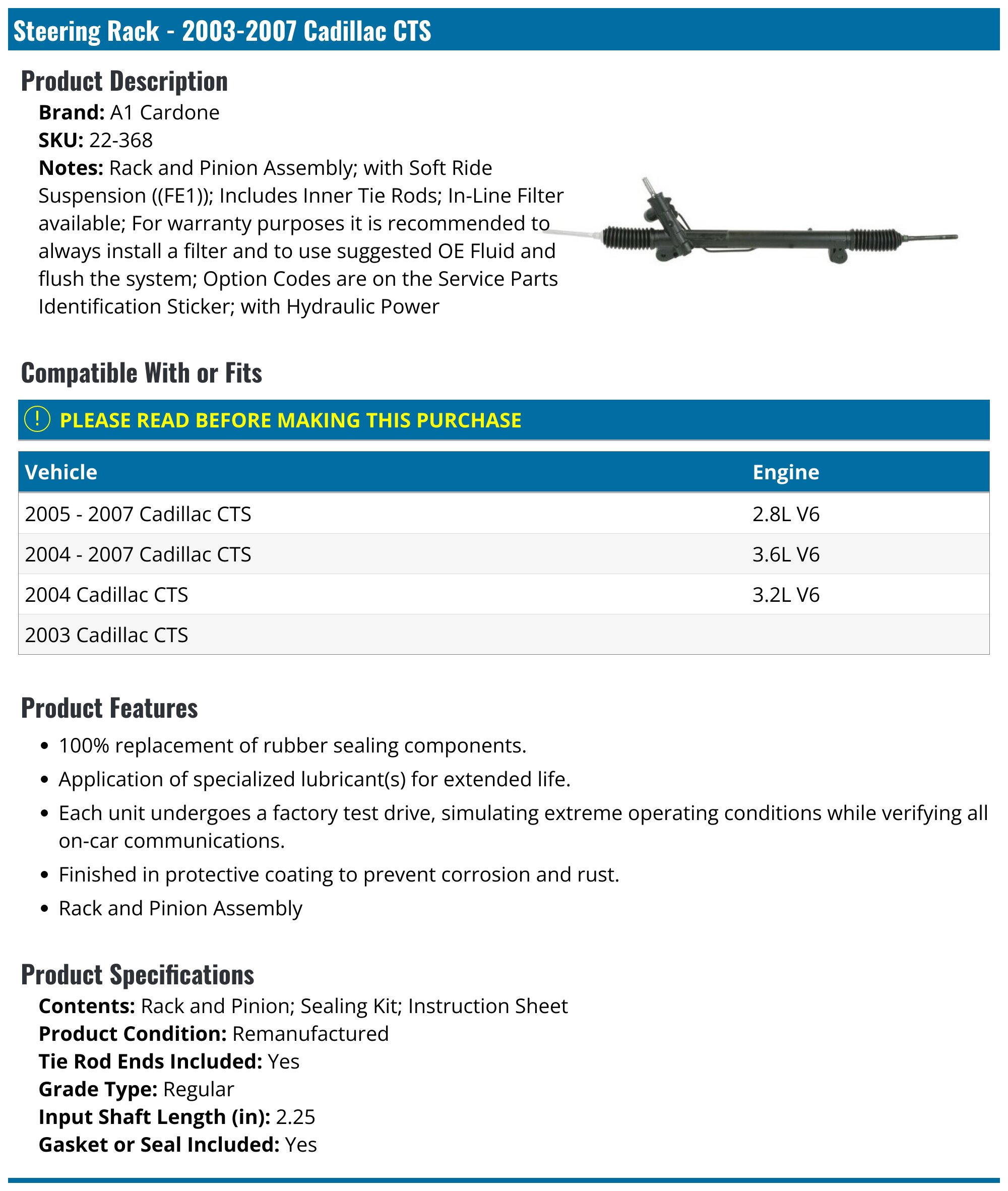 Cadillac CTS Steering Rack - Steering Racks - Detroit Axle A1 Cardone ...