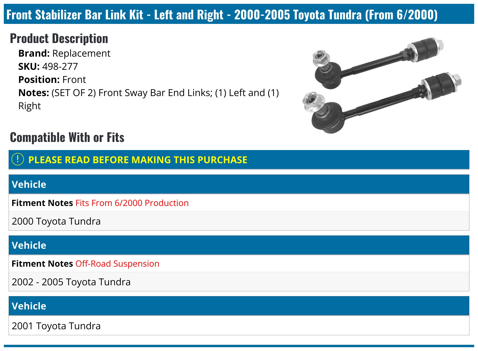 2000-2005 Toyota Tundra Sway Bar Link - Replacement 498-277 - Front