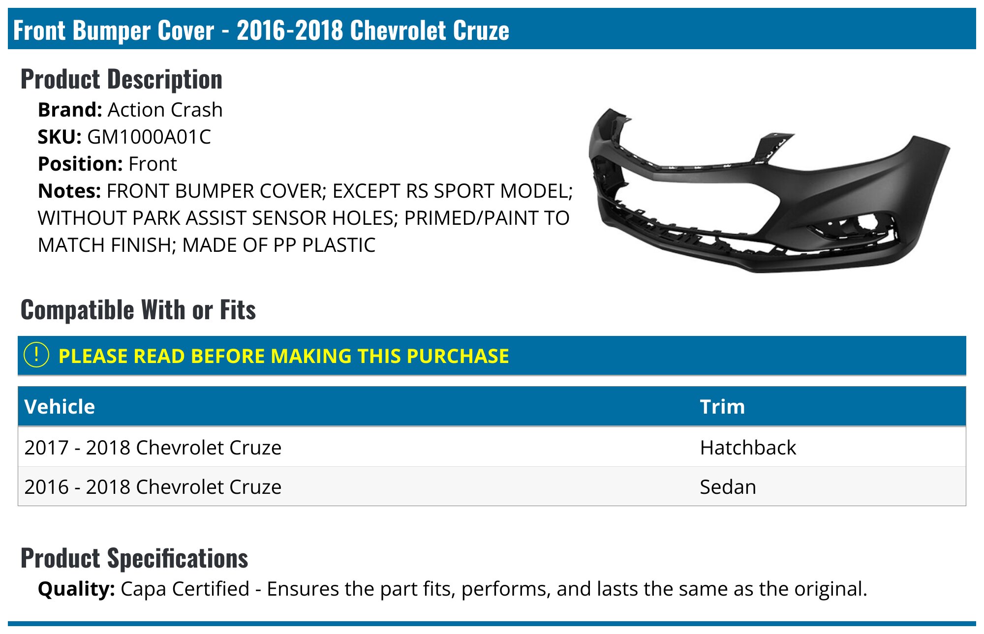 Front Bumper Cover For 2016-2018 Chevy Cruze W/ Tow Hook Hole – Primered Black Direct Fit