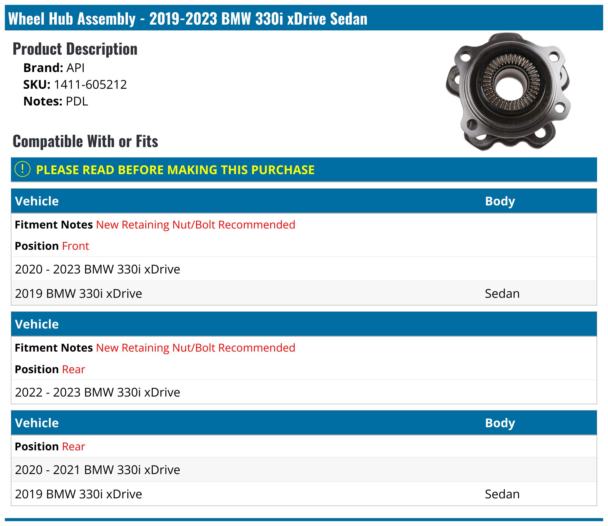 2019-2023 BMW 330i xDrive Wheel Hub Assembly - API 147928-02731953 ...