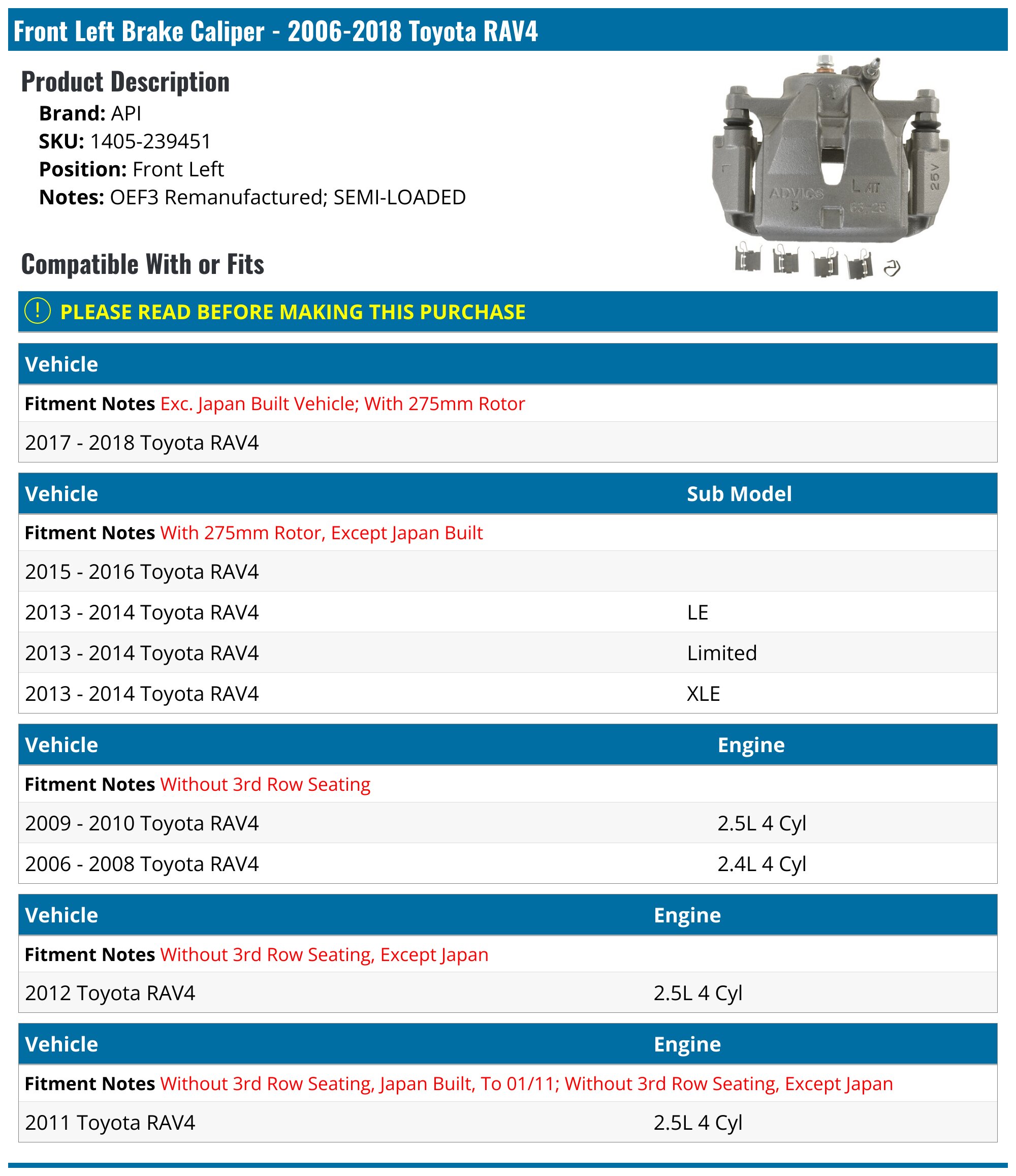 2006-2018 Toyota RAV4 Brake Caliper - API 18953-07465222 - Front Left ...