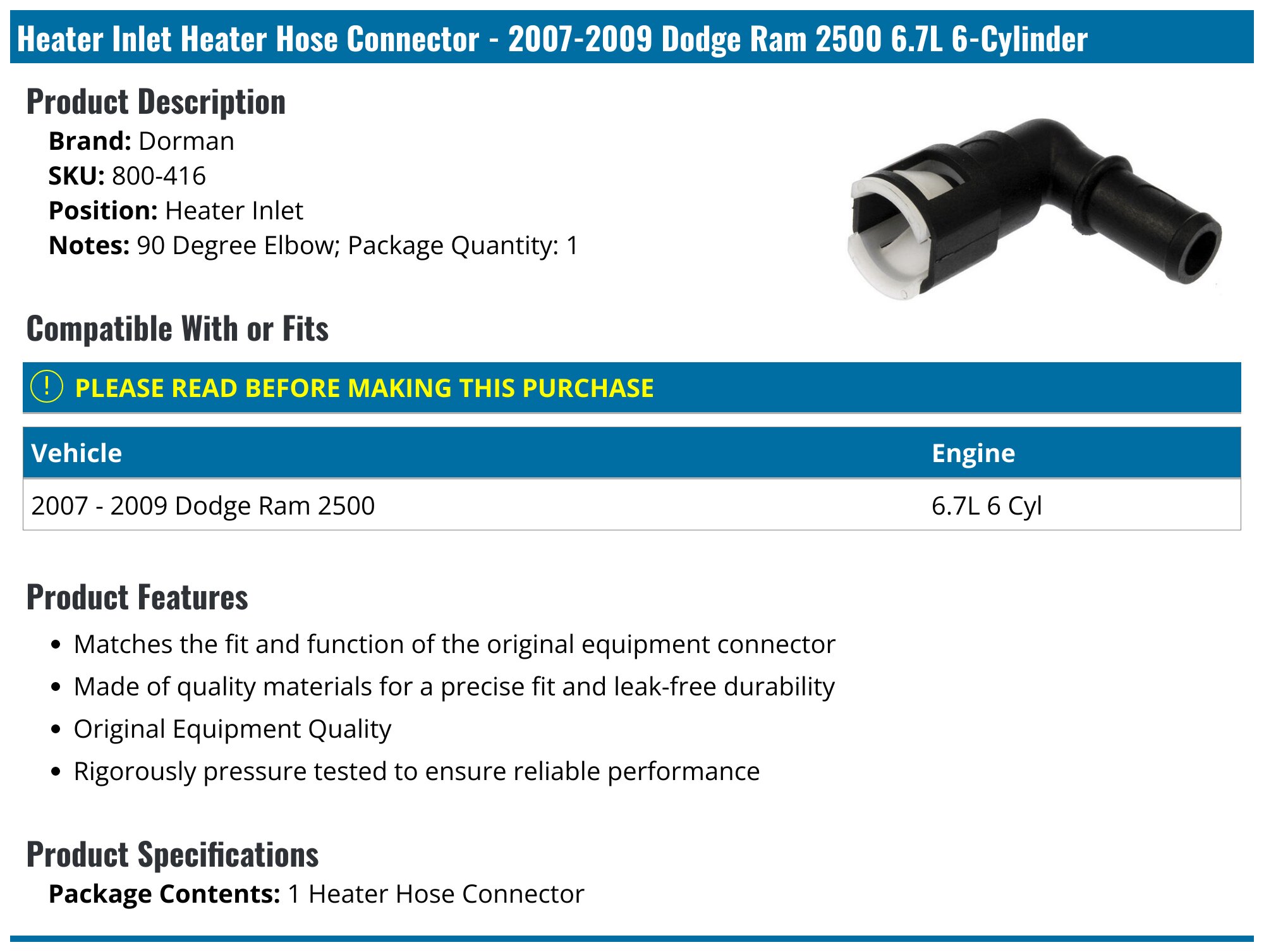 2007-2009 Dodge Ram 2500 Heater Hose Connector - Dorman 800-416 ...