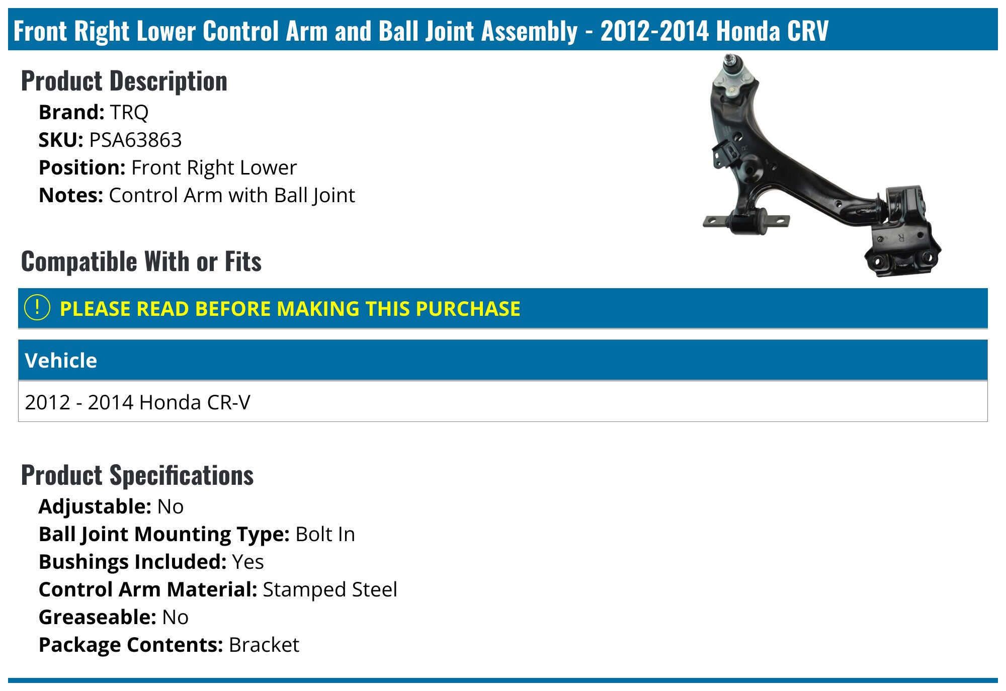 Detroit Axle Front Right Lower Control Arm With Ball Joint For Honda CR-V 2012-2014