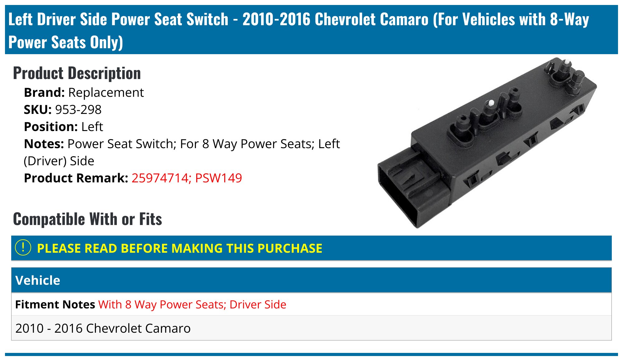 Automober Passenger Power Seat Switch For 2010-2015 Camaro - Replaces 92225806