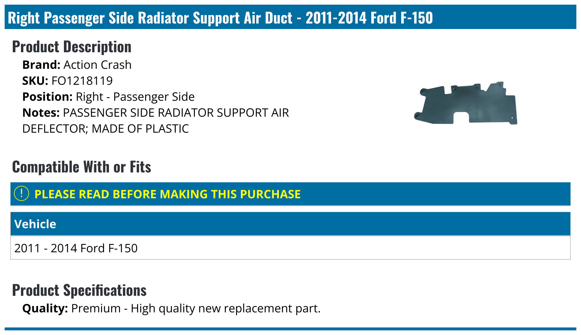 Air Duct Deflector Left Driver Side Radiator Support Air