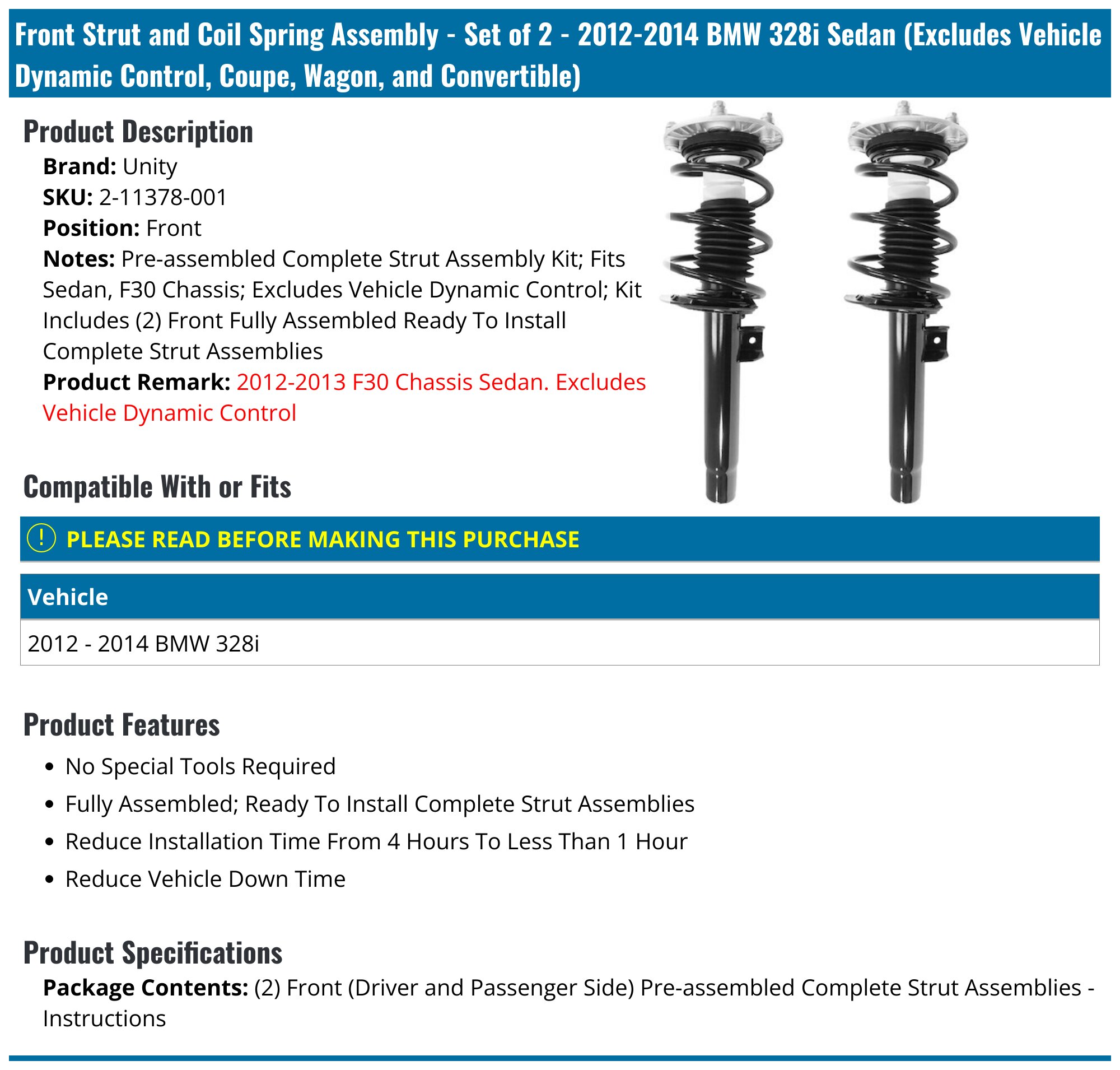 2012-2016 BMW 328i Strut Assembly - Unity 2-11378-001 - Front ...