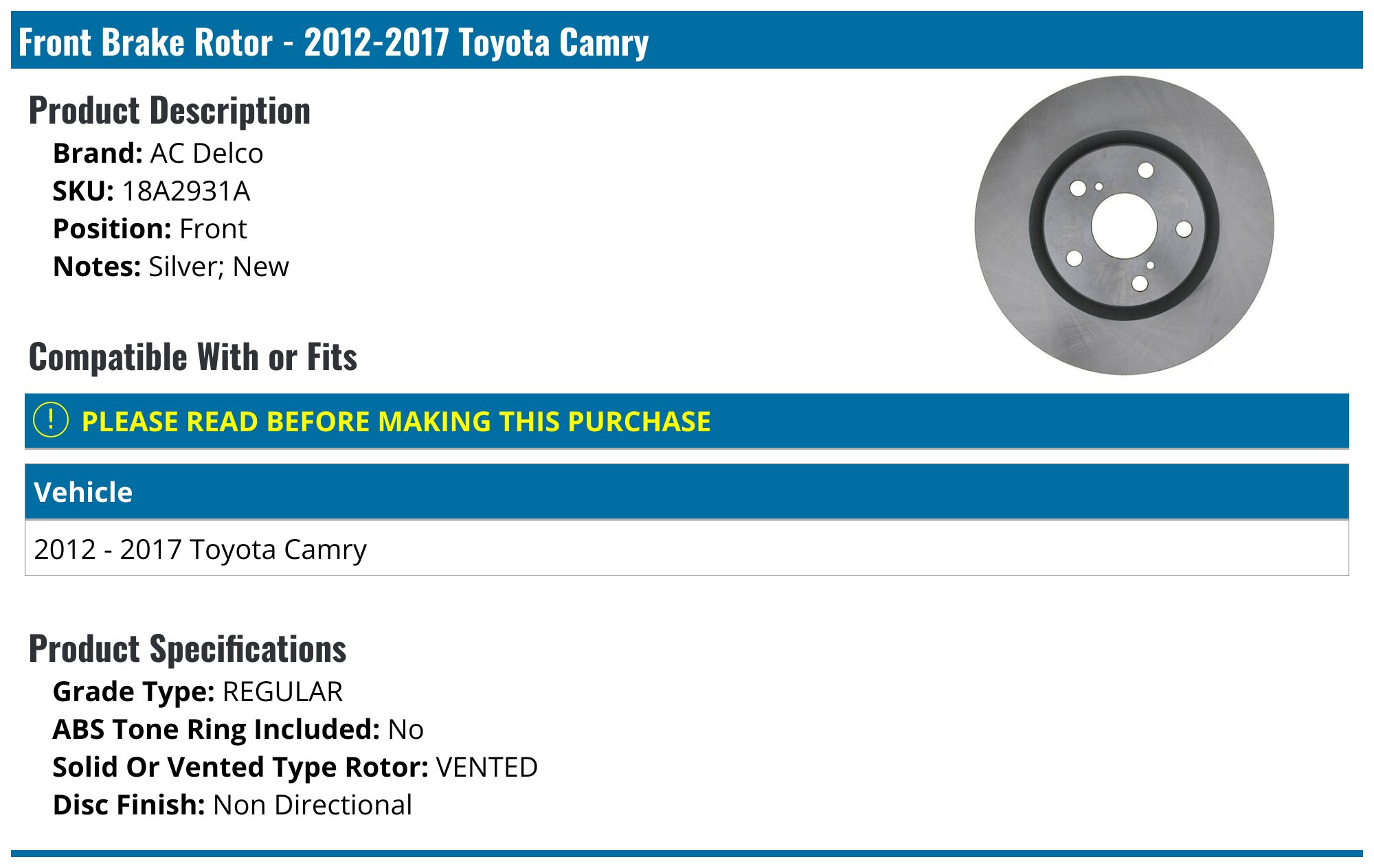 AC Delco® 18A2931AC Front, Driver Or Passenger Side Brake Disc, Plain Surface, 5 Lugs, 295.91 Mm, Silver Series