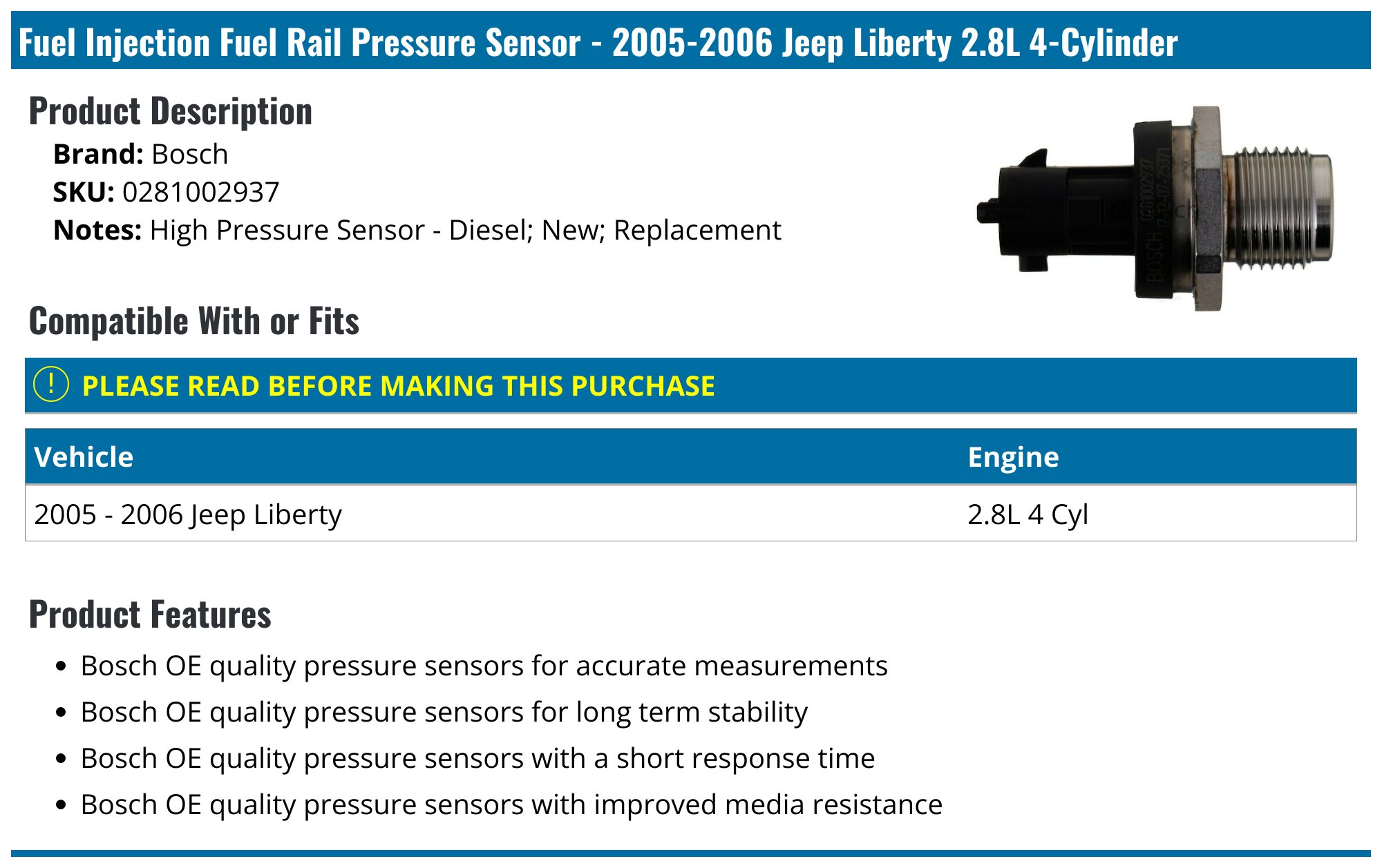 20052006 Jeep Liberty Fuel Injection Fuel Rail Pressure Sensor Bosch