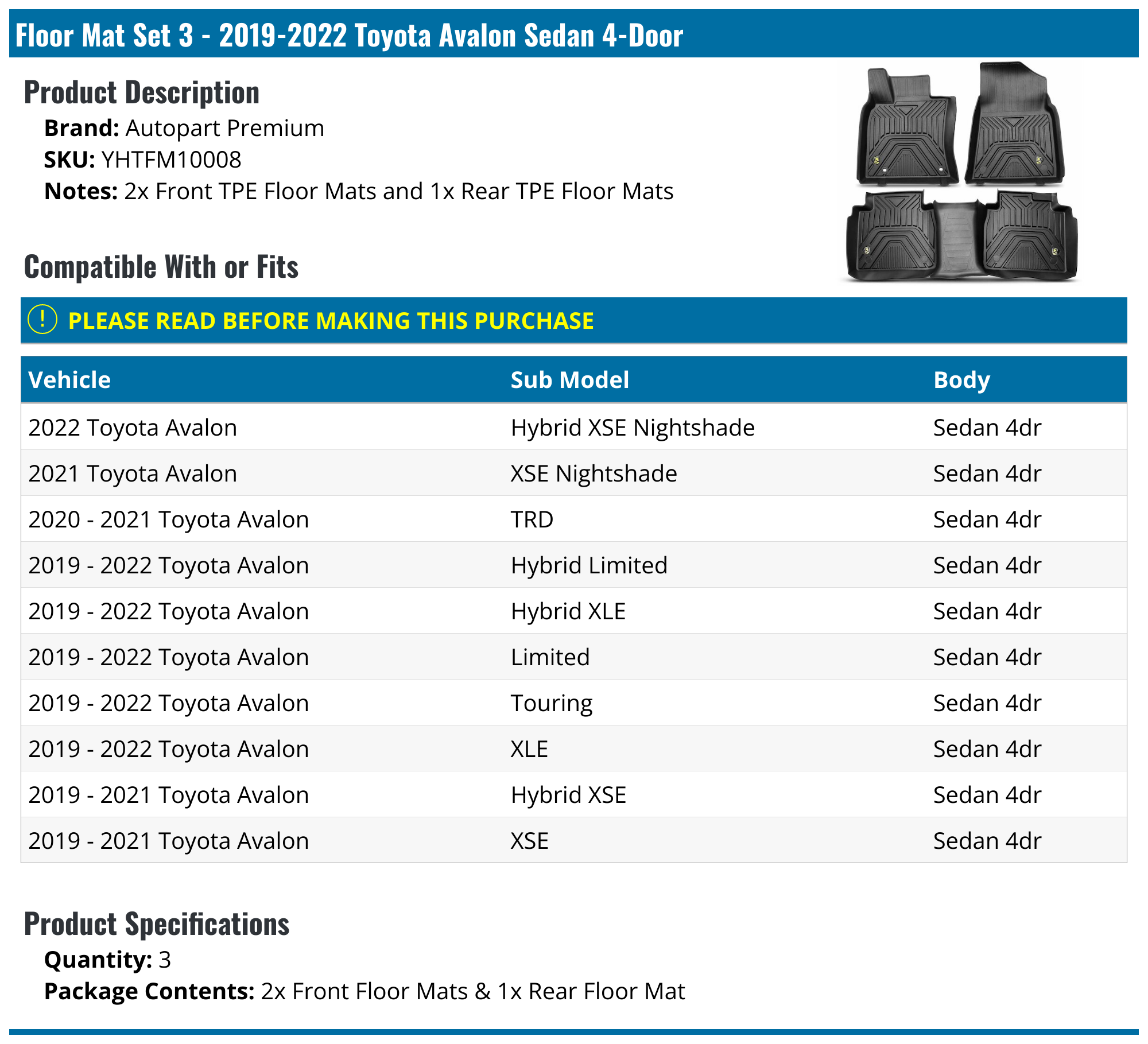 20192022 Toyota Avalon Floor Mats Autopart Premium YHTFM10008