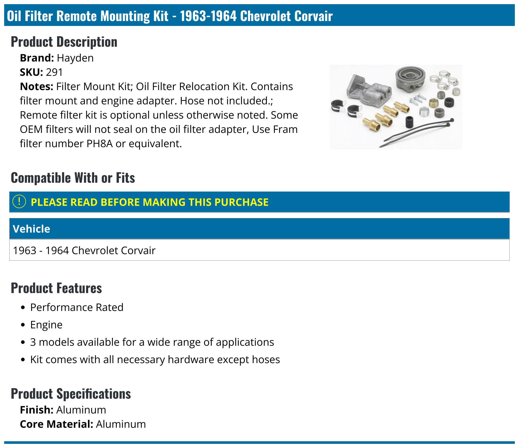19631964 Chevrolet Corvair Oil Filter Remote Mounting Kit Hayden 291