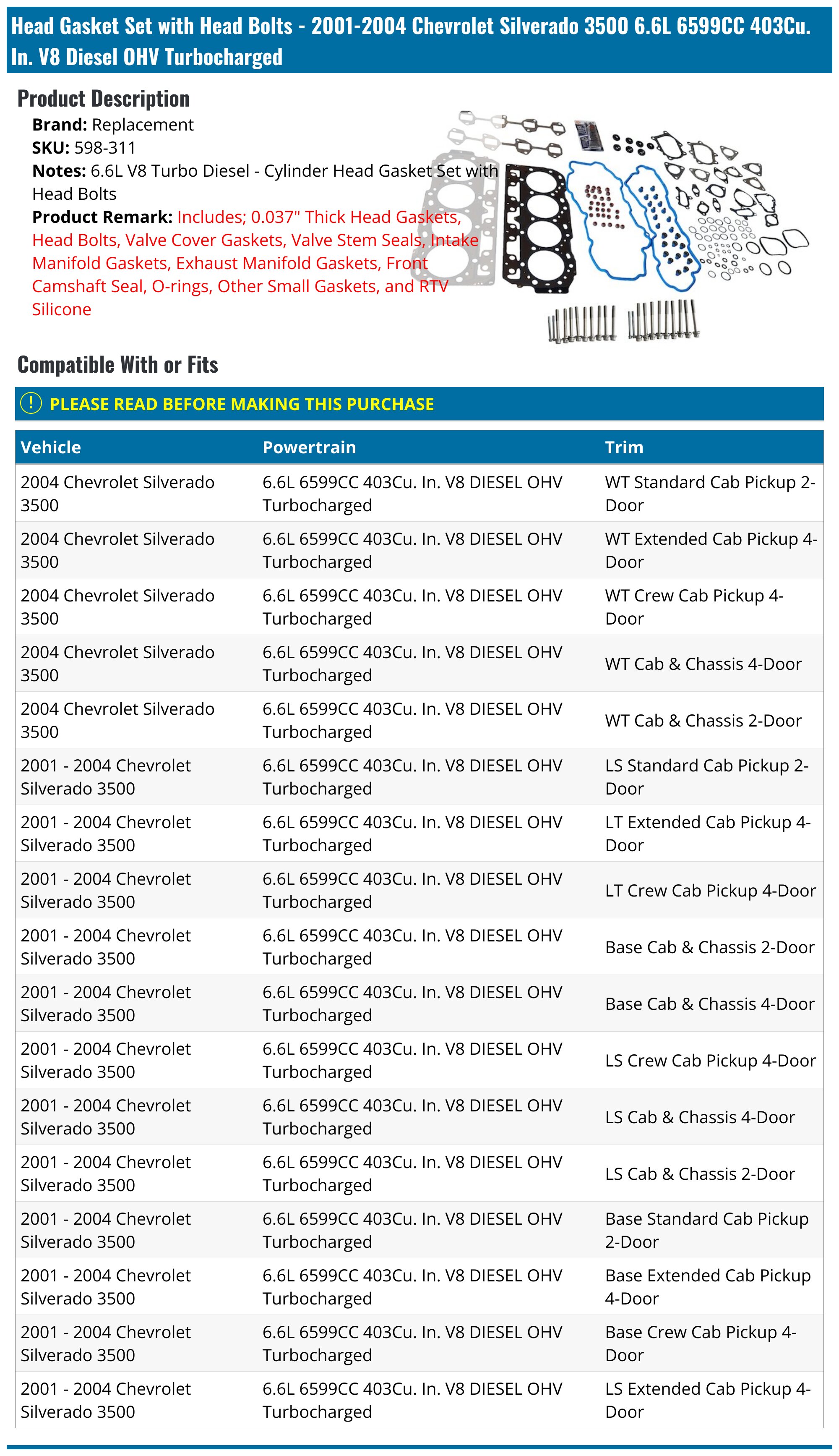 thumbnail image 2 of Gasket Set For 2001-2004 Chevy Silverado 2500HD / GMC 6.6L Diesel – Cylinder Head Set (No Head Gaskets) 2 of 3