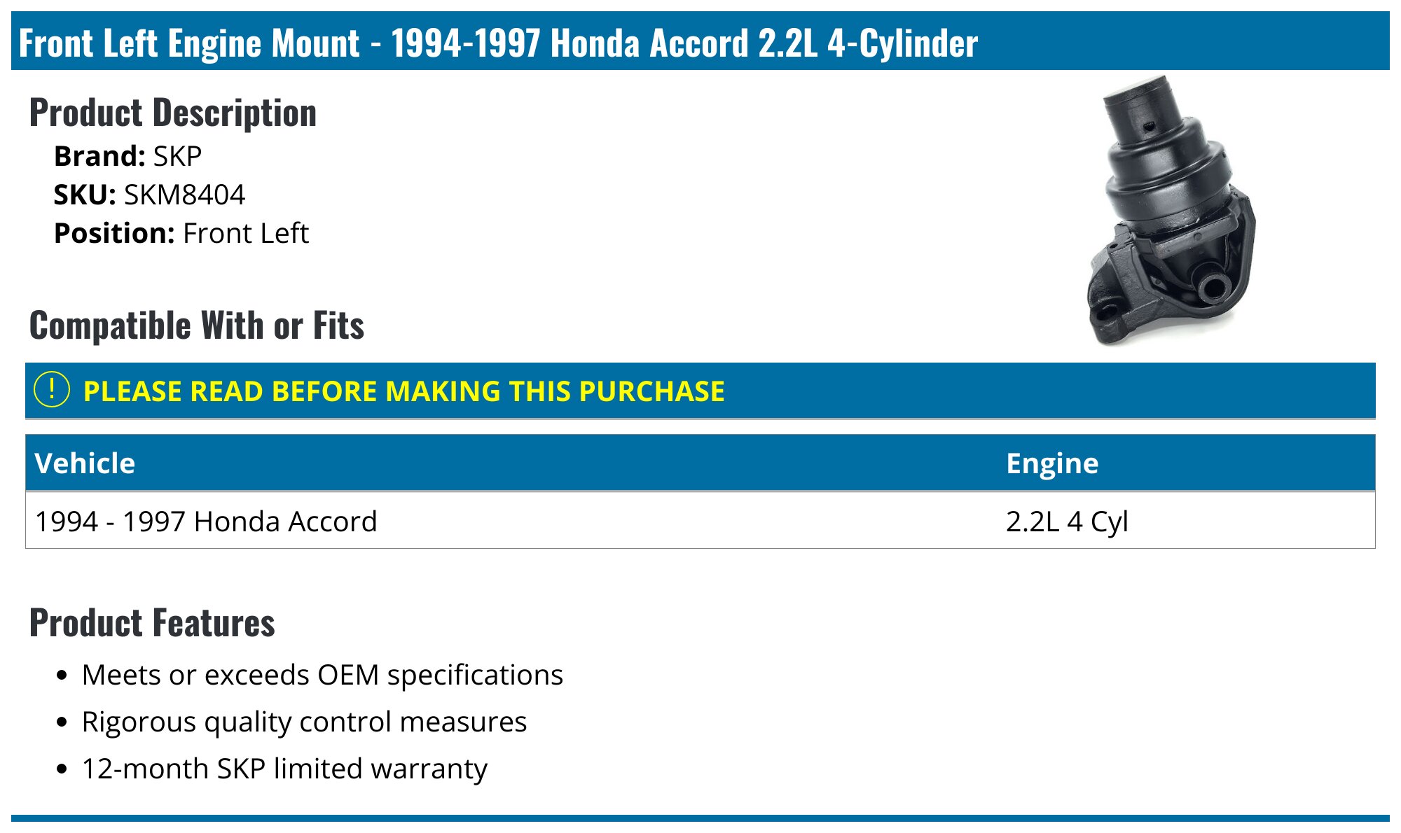 1994-1997 Honda Accord Engine Mount - SKP SKM8404 - Front Left ...