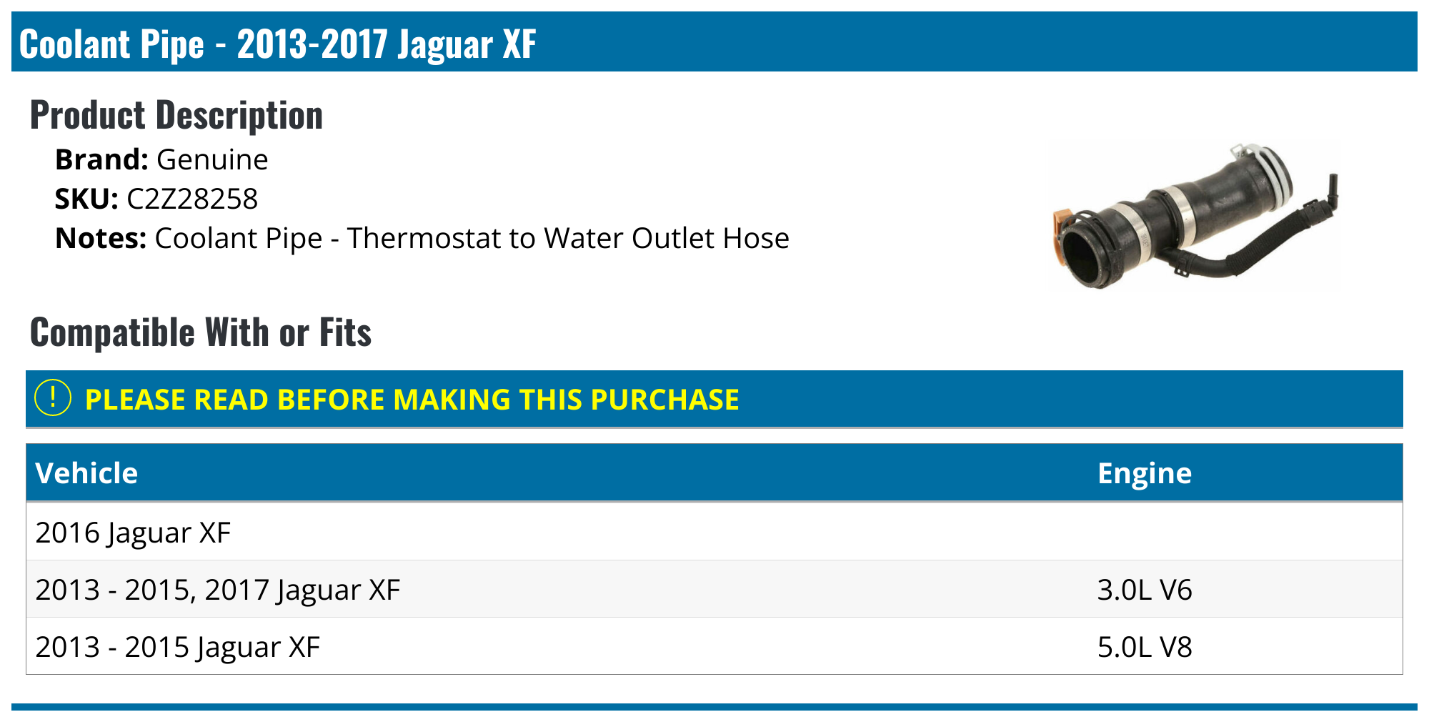 2013-2017 Jaguar XF Coolant Pipe - Genuine C2Z28258 - PartsGeek.com