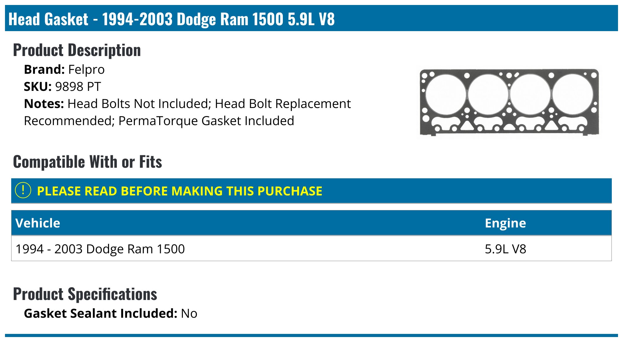 APEX Head Gasket Set 19152GF For 1994-1997 Dodge Ram 1500 – Engine Cylinder Head Gasket Kit