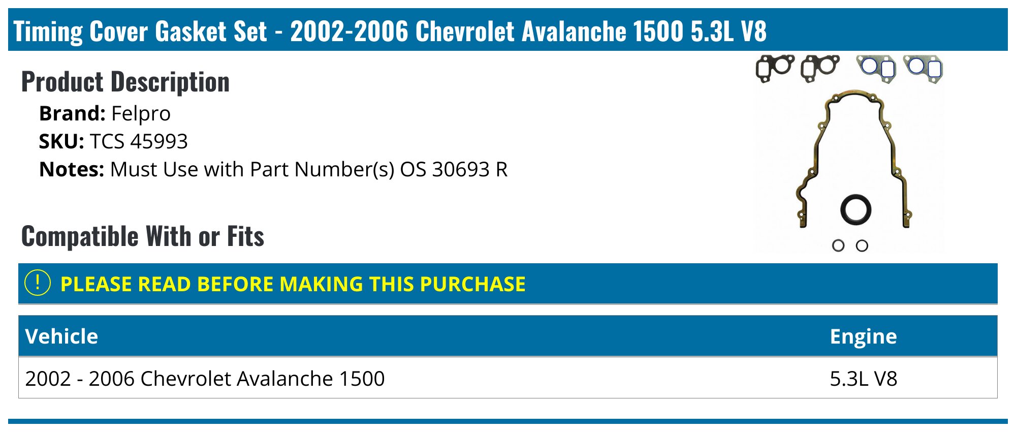 2002-2006 Chevrolet Avalanche 1500 Timing Cover Gasket Set