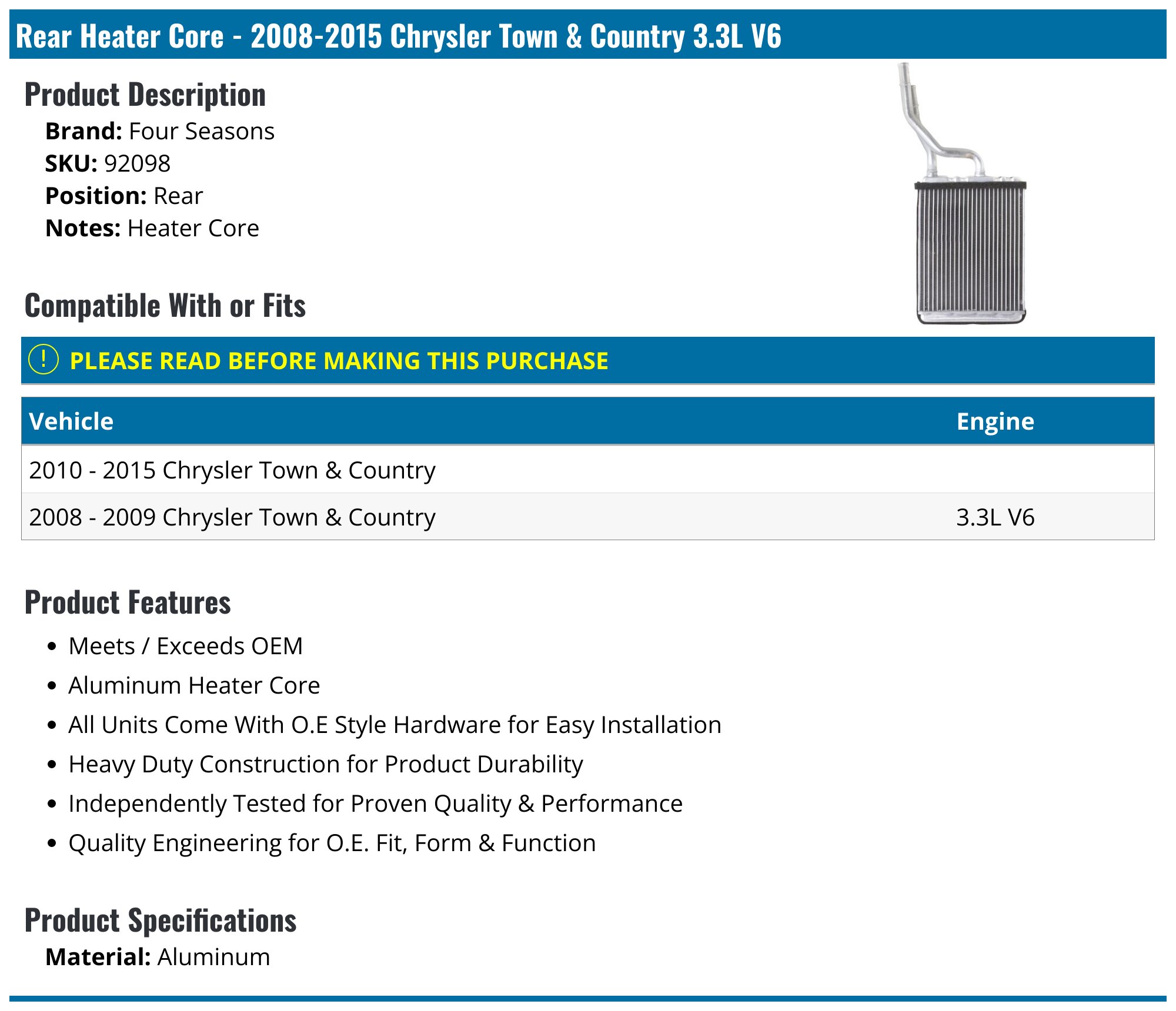 Rear Heater Core For 2001-2005 Dodge Grand Caravan / Chrysler Town & Country – 6.5x6x1.5 By Evan-Fischer