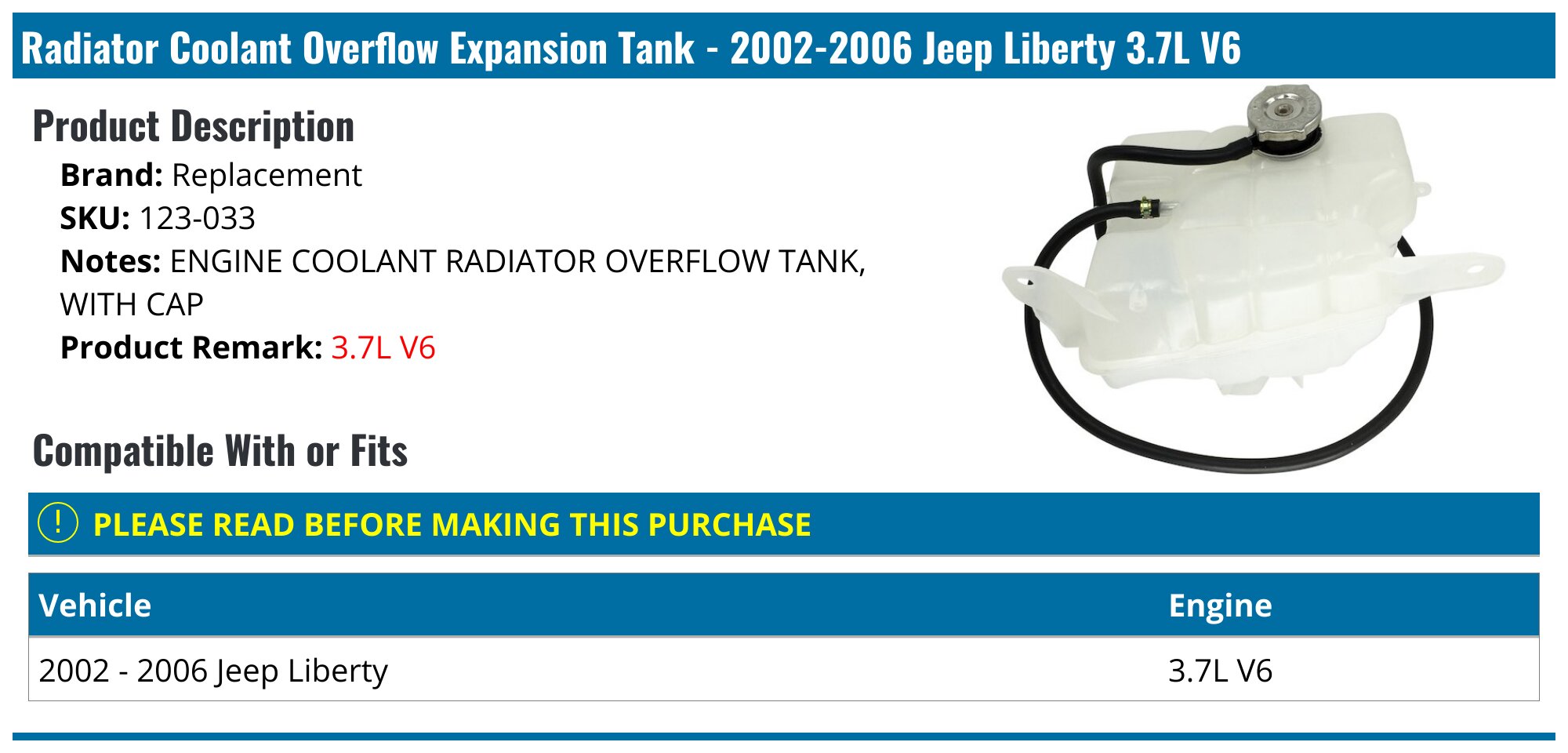 2002-2006 Jeep Liberty Expansion Tank - Replacement 123-033
