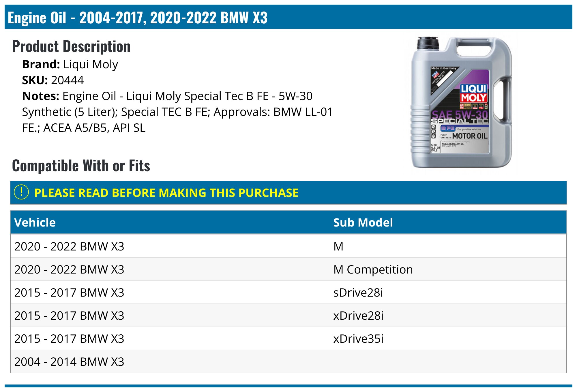 2004-2017, 2020-2024 BMW X3 Engine Oil - Liqui Moly 20444 - PartsGeek.com