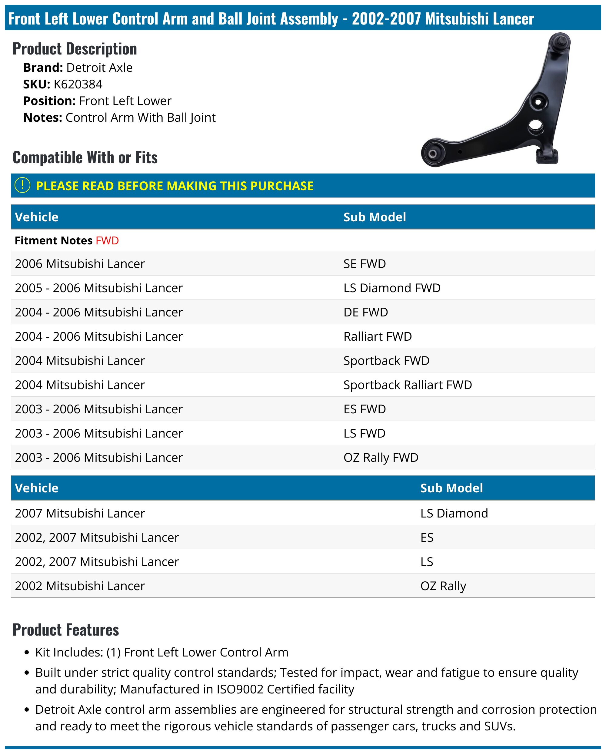 Detroit Axle Front Lower Right Control Arm With Ball Joint For Mitsubishi Lancer 2002-2007 (K620345)-683804