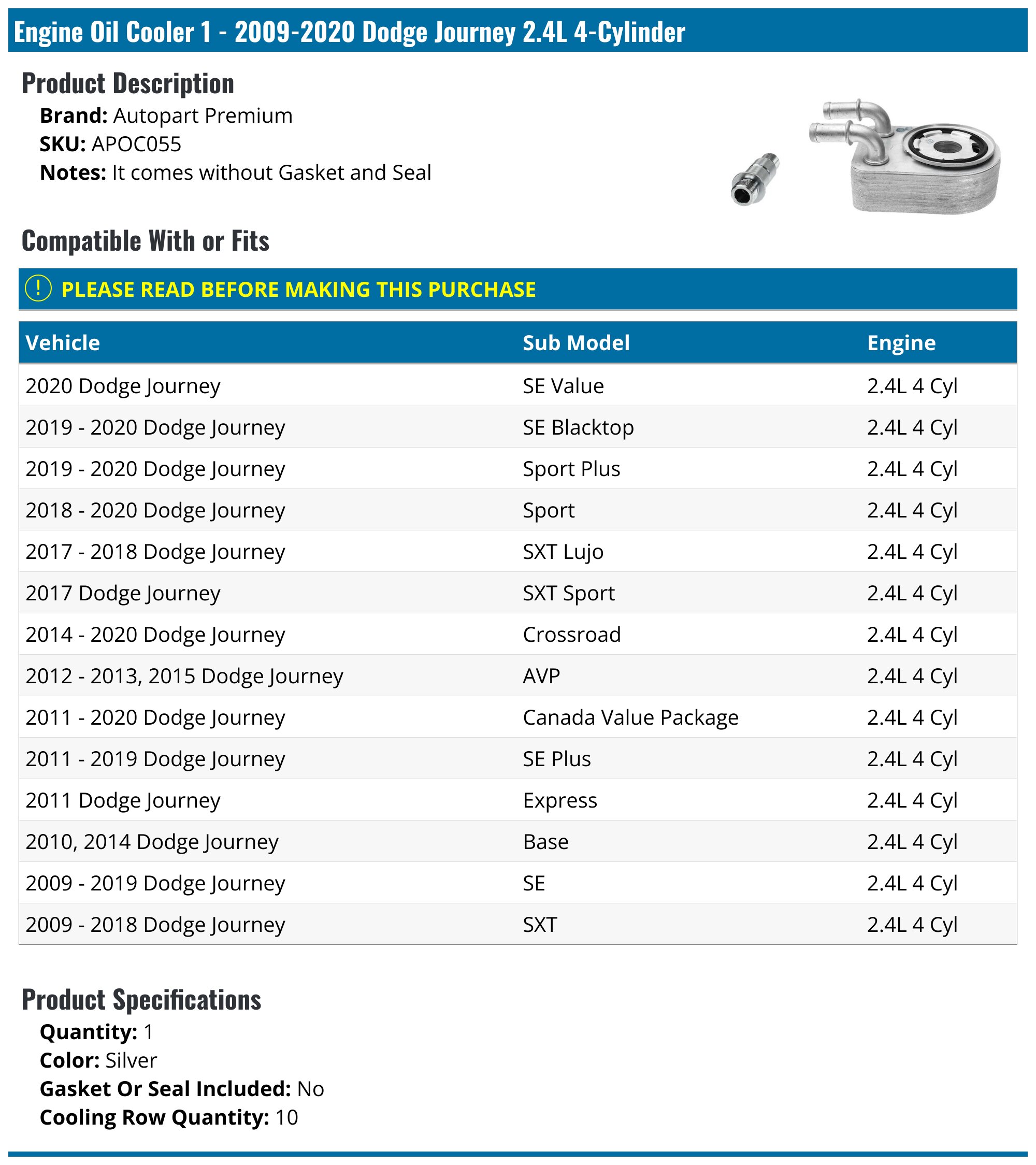 Automatic Transmission Oil Cooler for Dodge Journey 2011-2020 V6 3.6L L4 2.4L