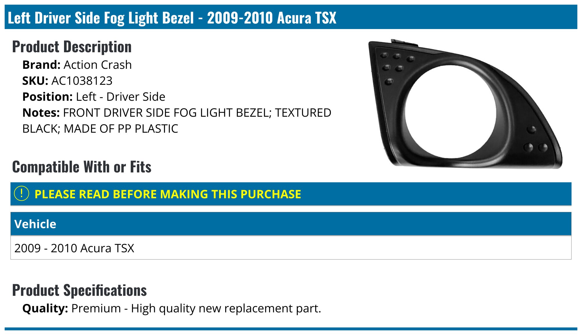 Bumper Fog Lights For Acura TSX 2009-2010 Driving Lamps W/Bulbs Driver