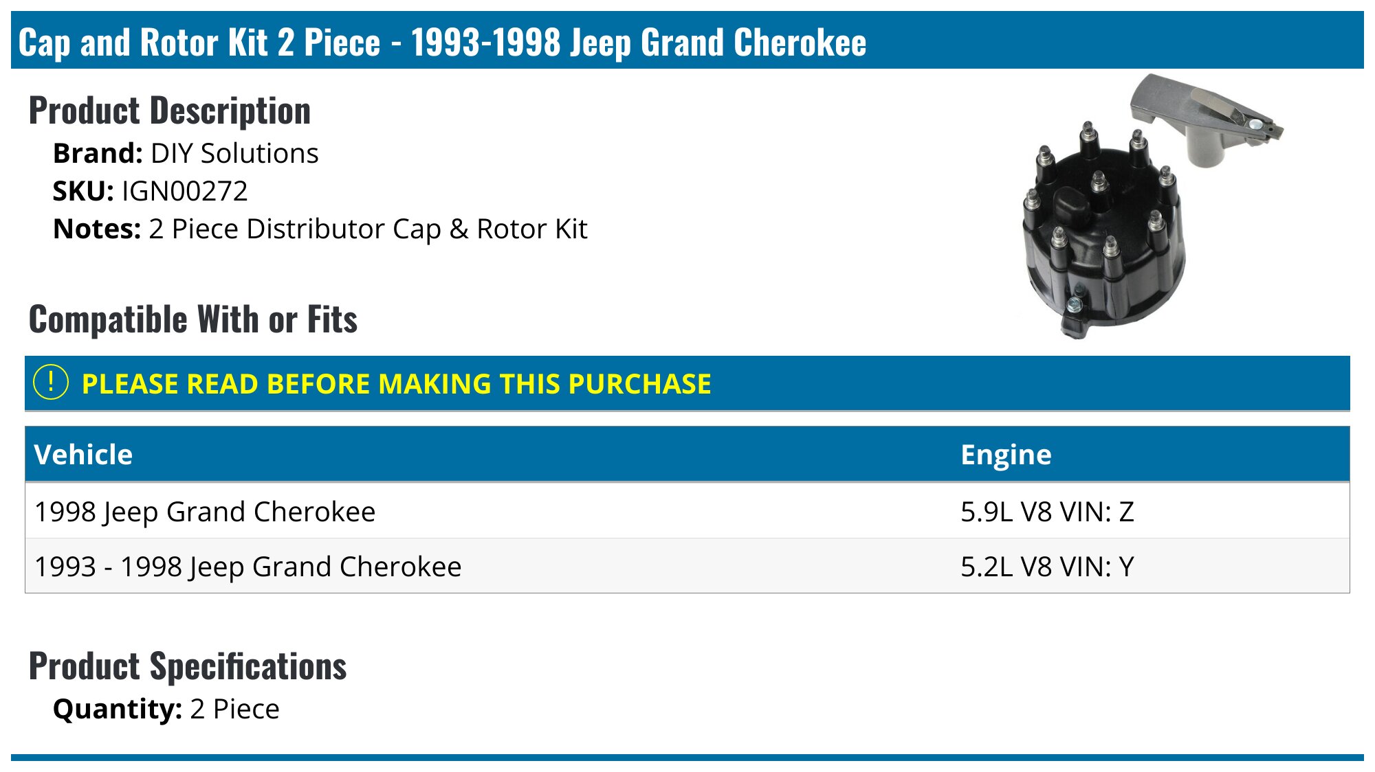 19931998 Jeep Grand Cherokee Distributor Cap DIY Solutions IGN00272
