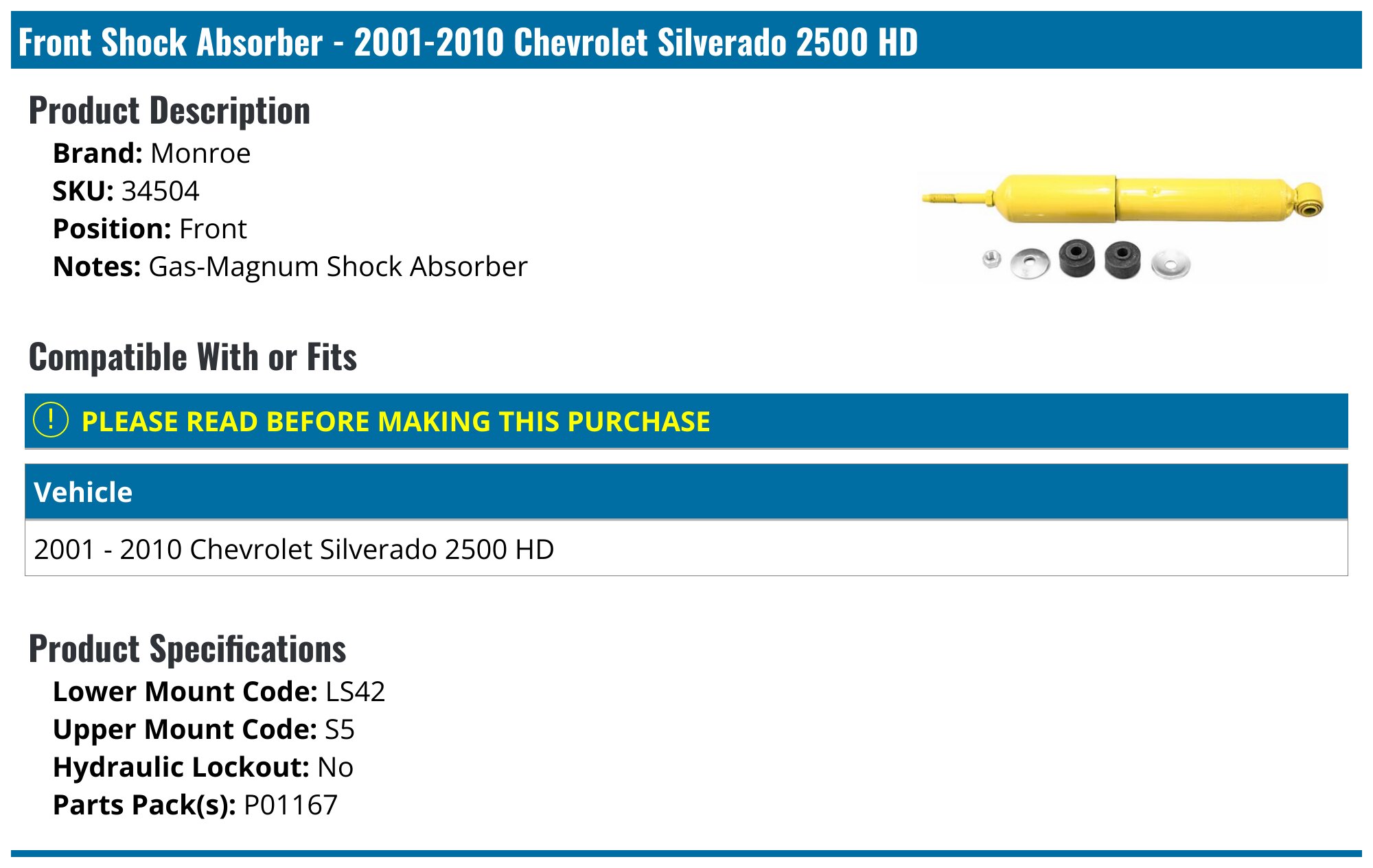 Unity Automotive Front Gas Shock Absorbers – Pair For 2011-2018 Chevy Silverado 2500 HD (Non-Adjustable)