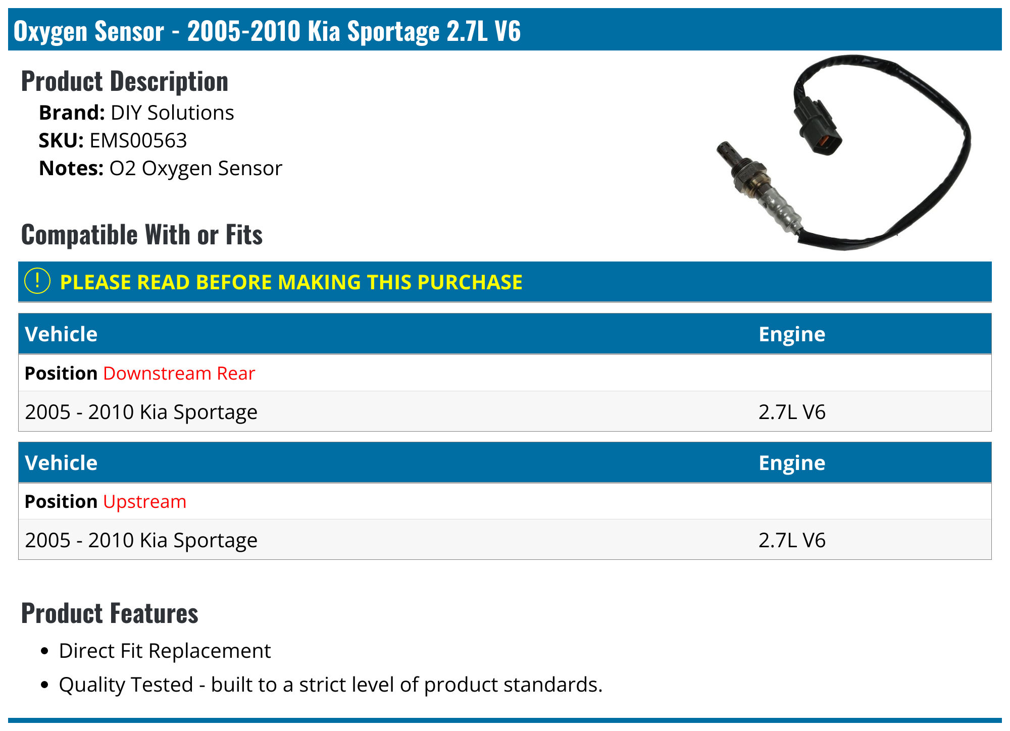 20052010 Kia Sportage Oxygen Sensor DIY Solutions EMS00563 Upstream
