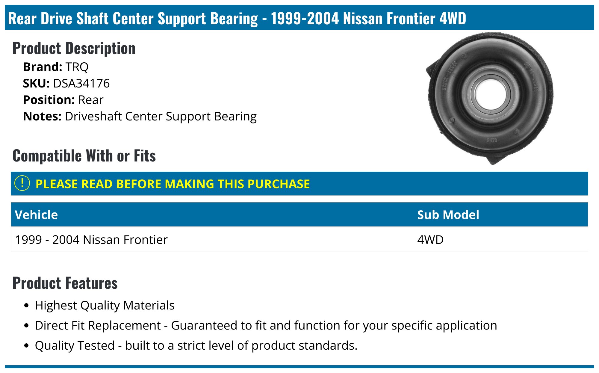 1999-2004 Nissan Frontier Drive Shaft Center Support Bearing - TRQ DSA34176  - Rear - PartsGeek.com
