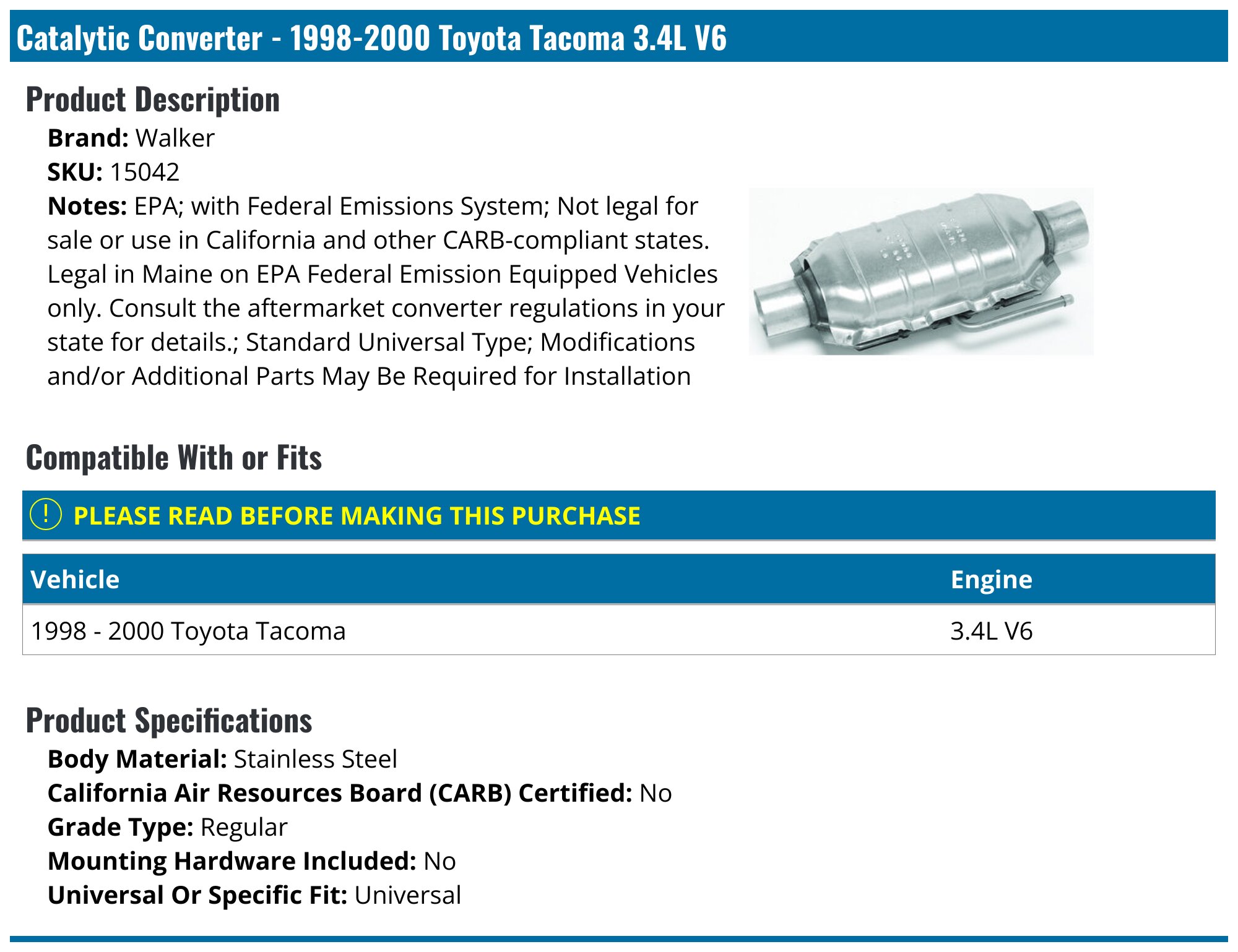 Toyota Tacoma 4.0L Rear Drver Sde Y ppe Catalytc Converters 2005